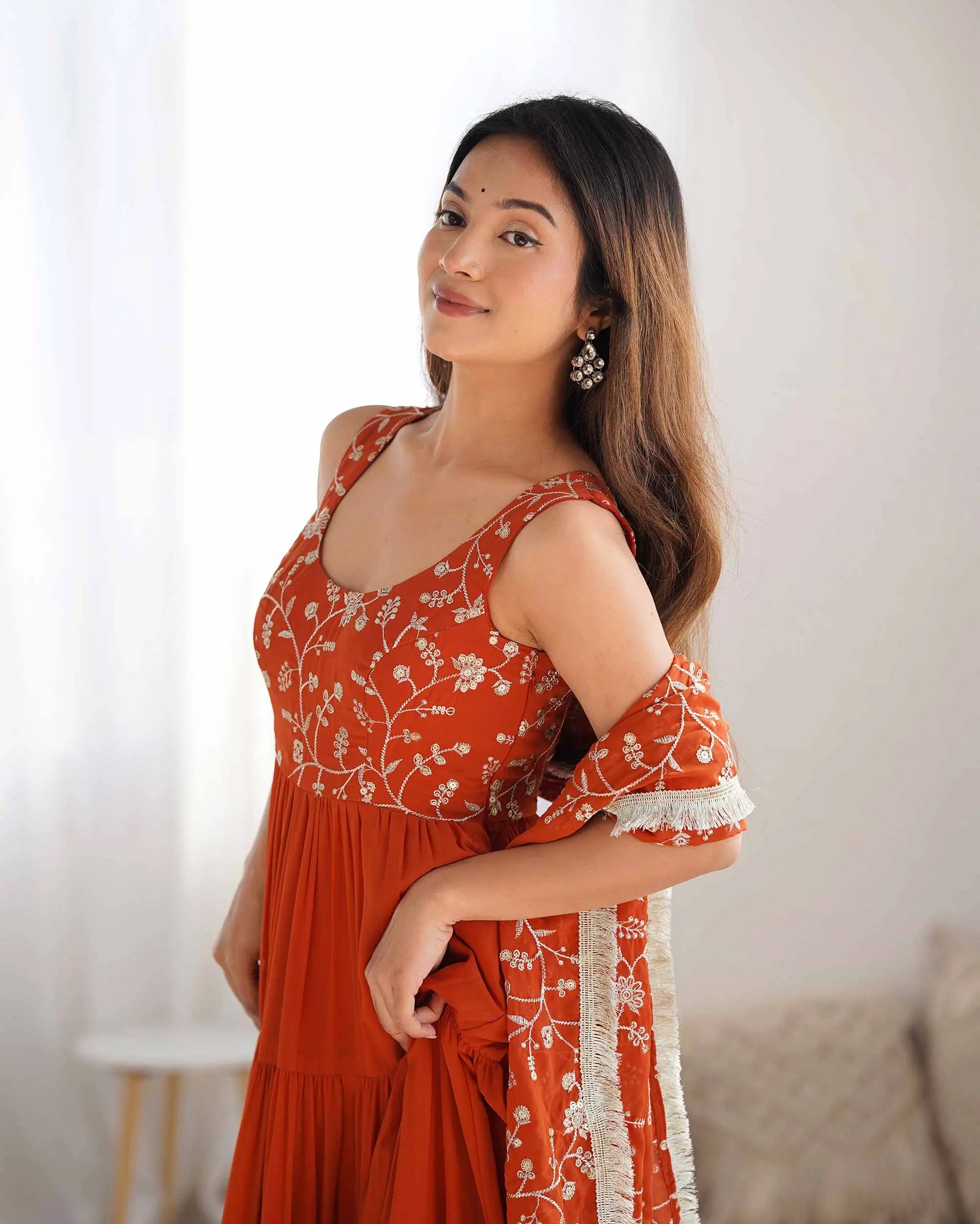 Rust Orange Georgette Empire Flair Gown With Heavy Embroidery Work Dupatta