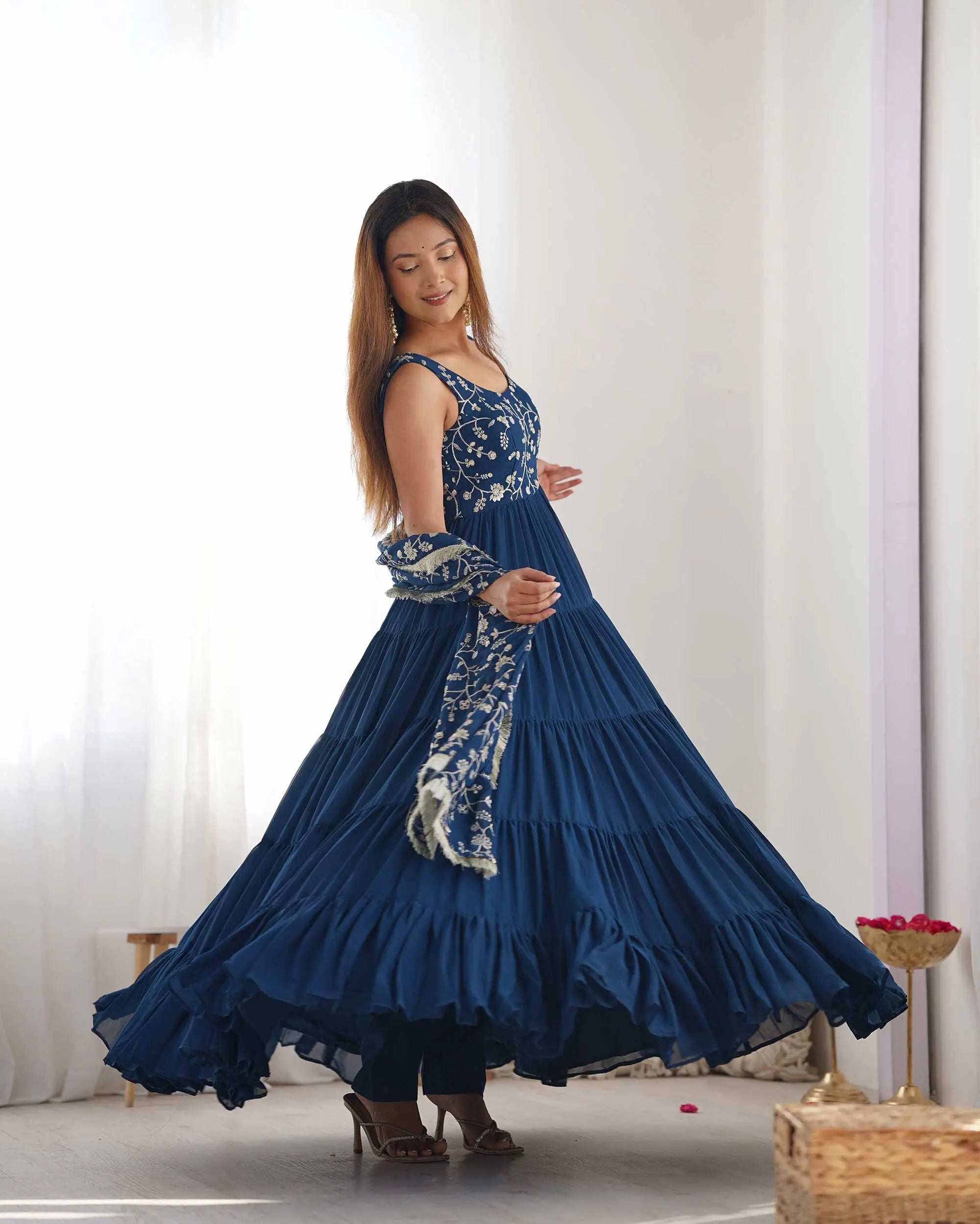 Teal Blue Georgette Empire Flair Gown With Heavy Embroidery Work Dupatta