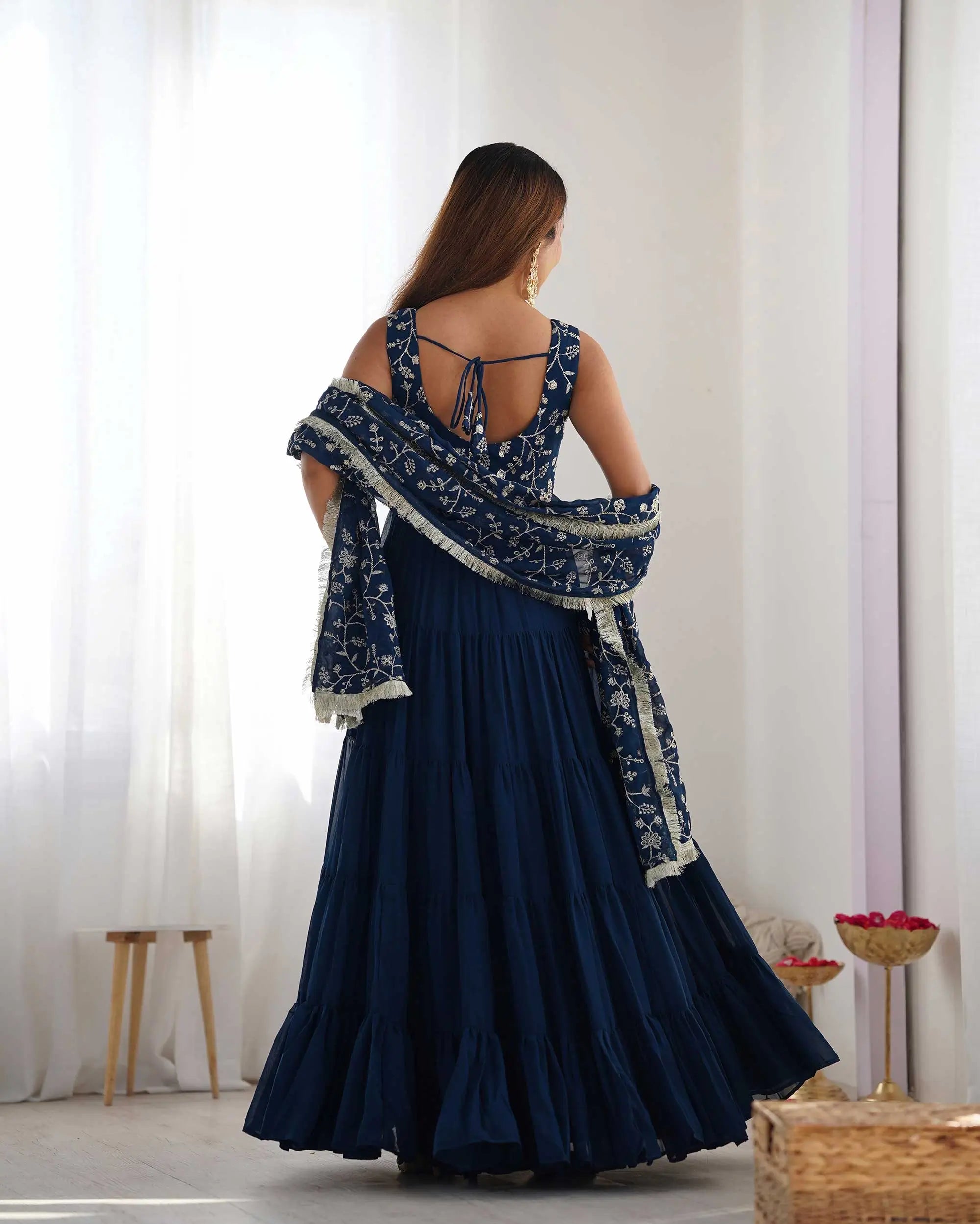 Teal Blue Georgette Empire Flair Gown With Heavy Embroidery Work Dupatta