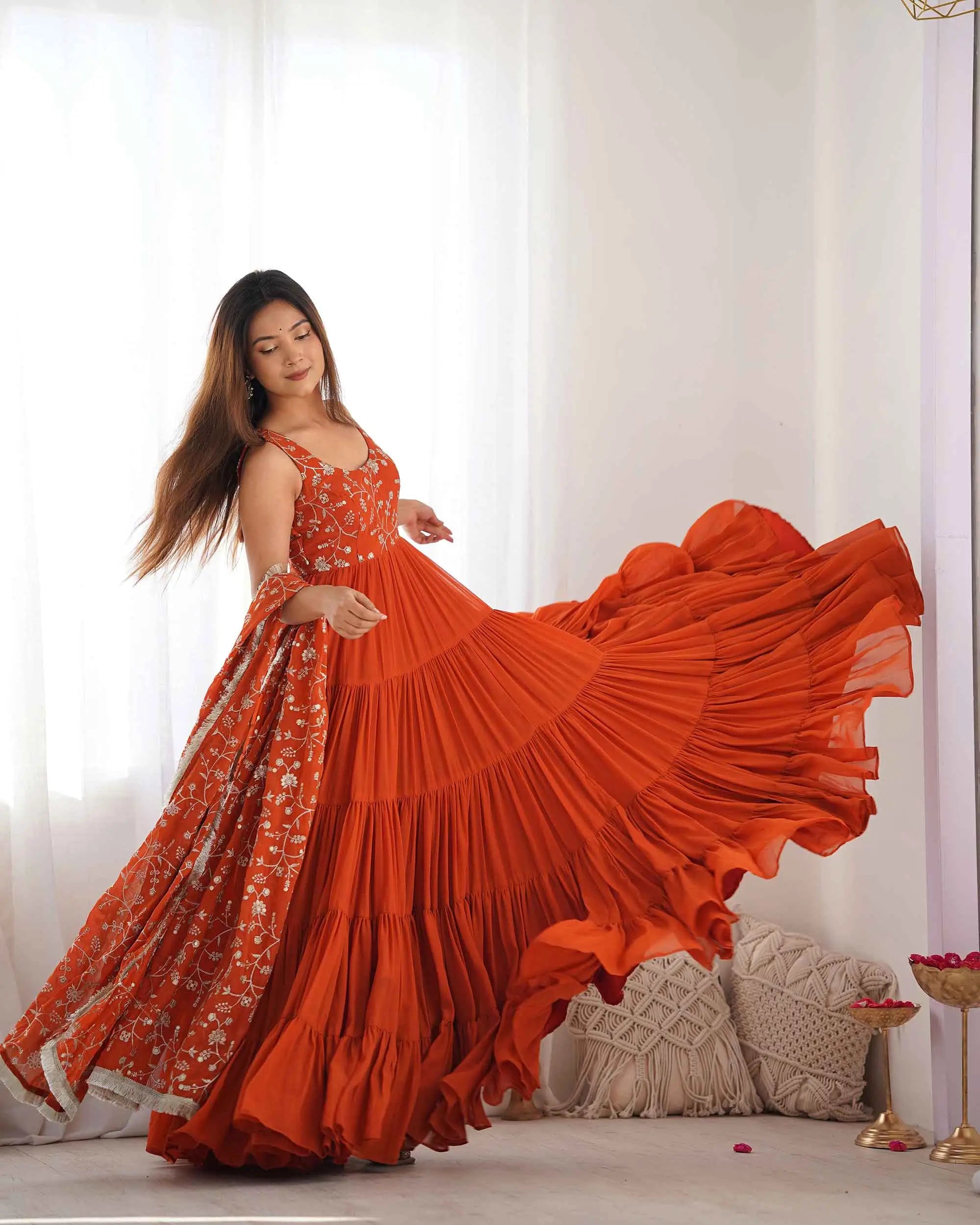 Rust Orange Georgette Empire Flair Gown With Heavy Embroidery Work Dupatta