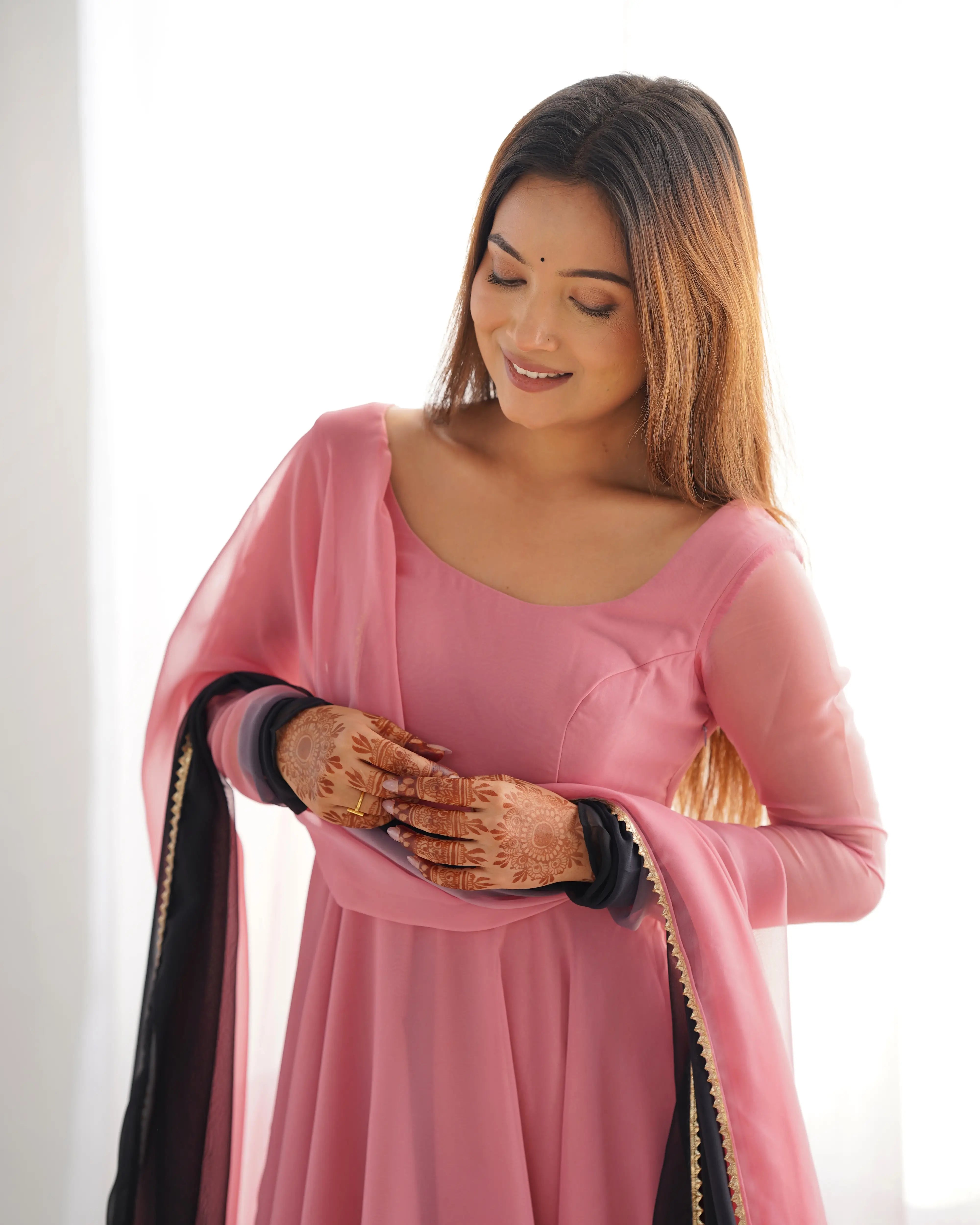 Onion Pink With Colorful Padding Plain Georgette Gown With Dupatta