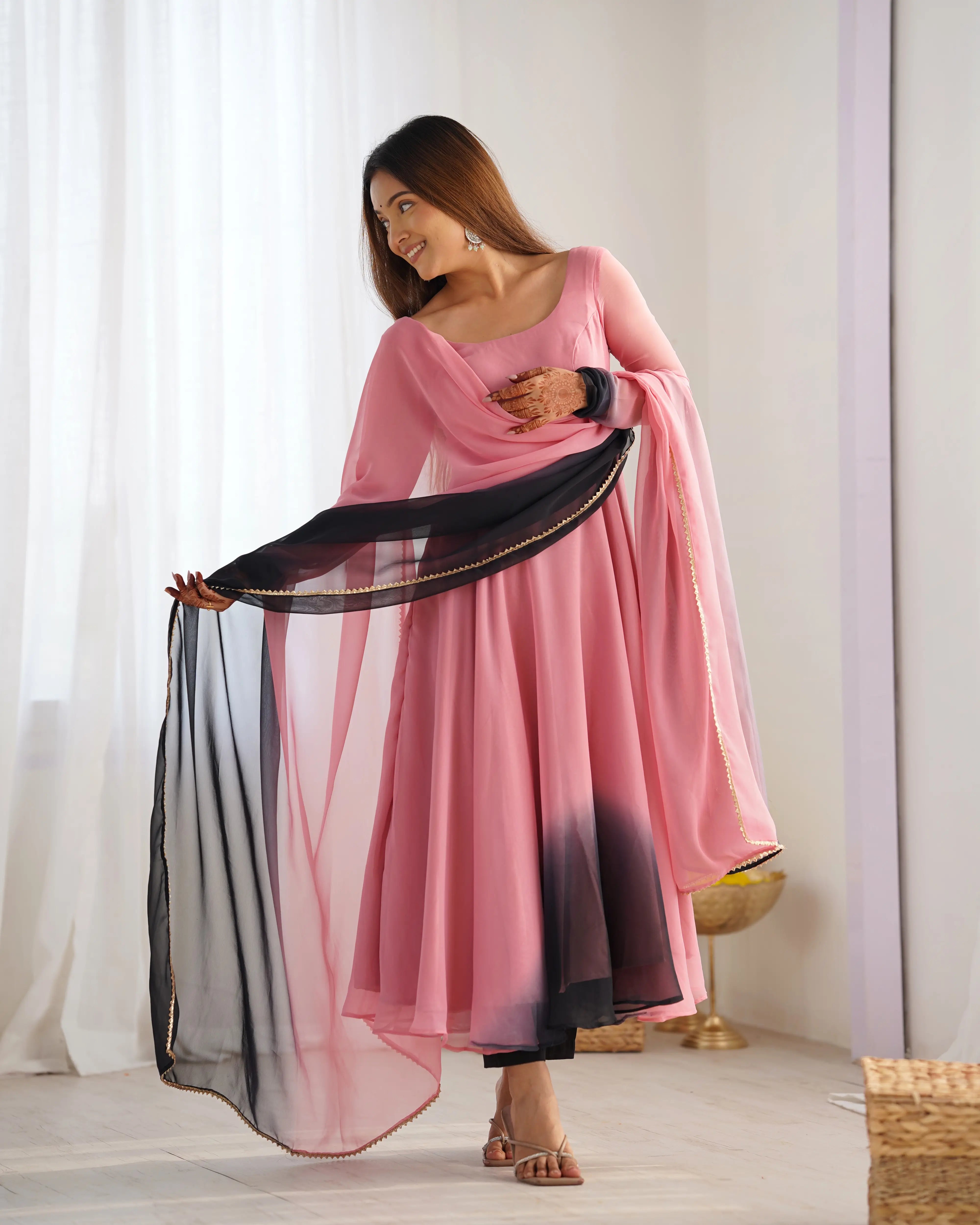 Onion Pink With Colorful Padding Plain Georgette Gown With Dupatta