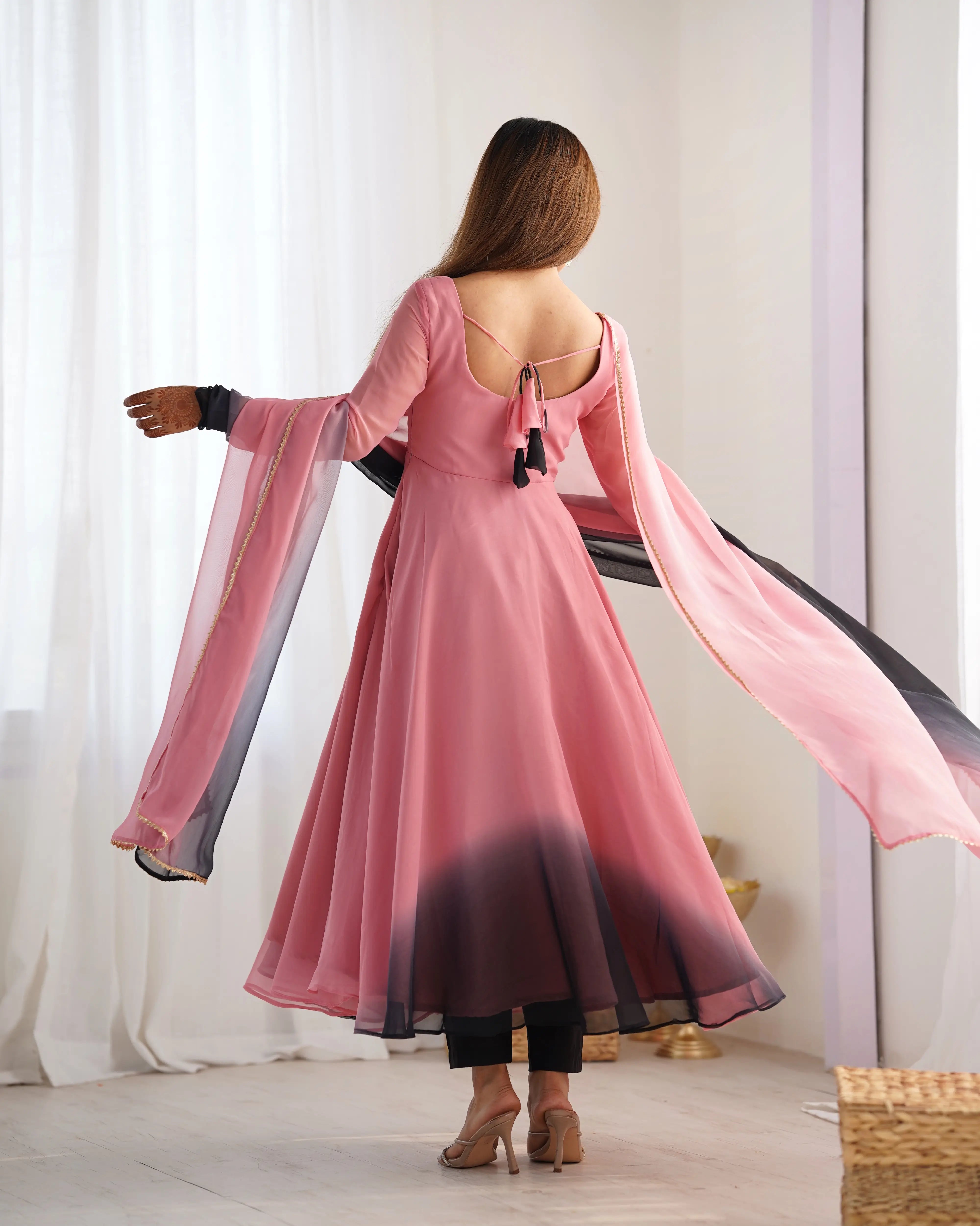 Onion Pink With Colorful Padding Plain Georgette Gown With Dupatta