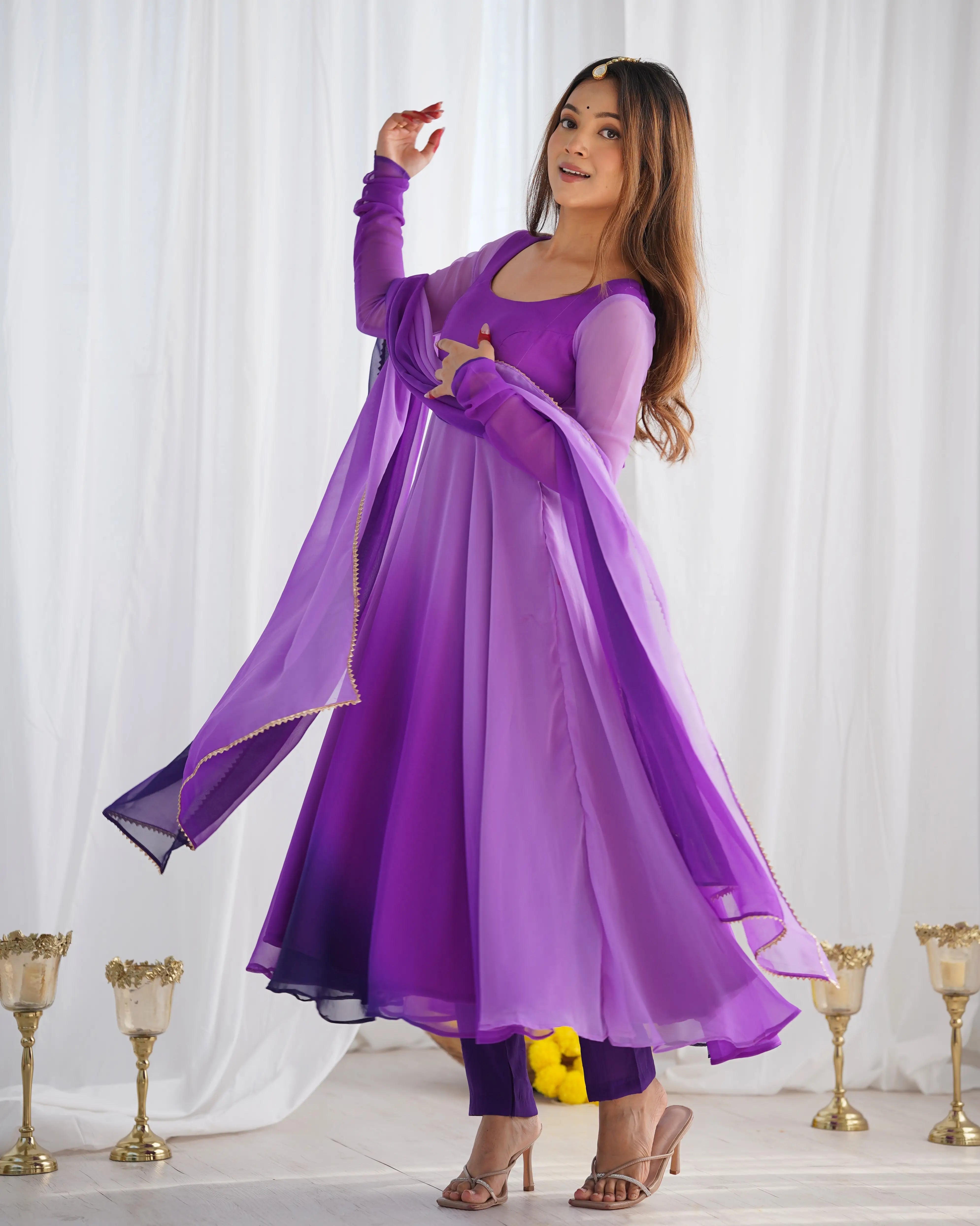 Purple With Colorful Padding Plain Georgette Gown With Dupatta - qivii