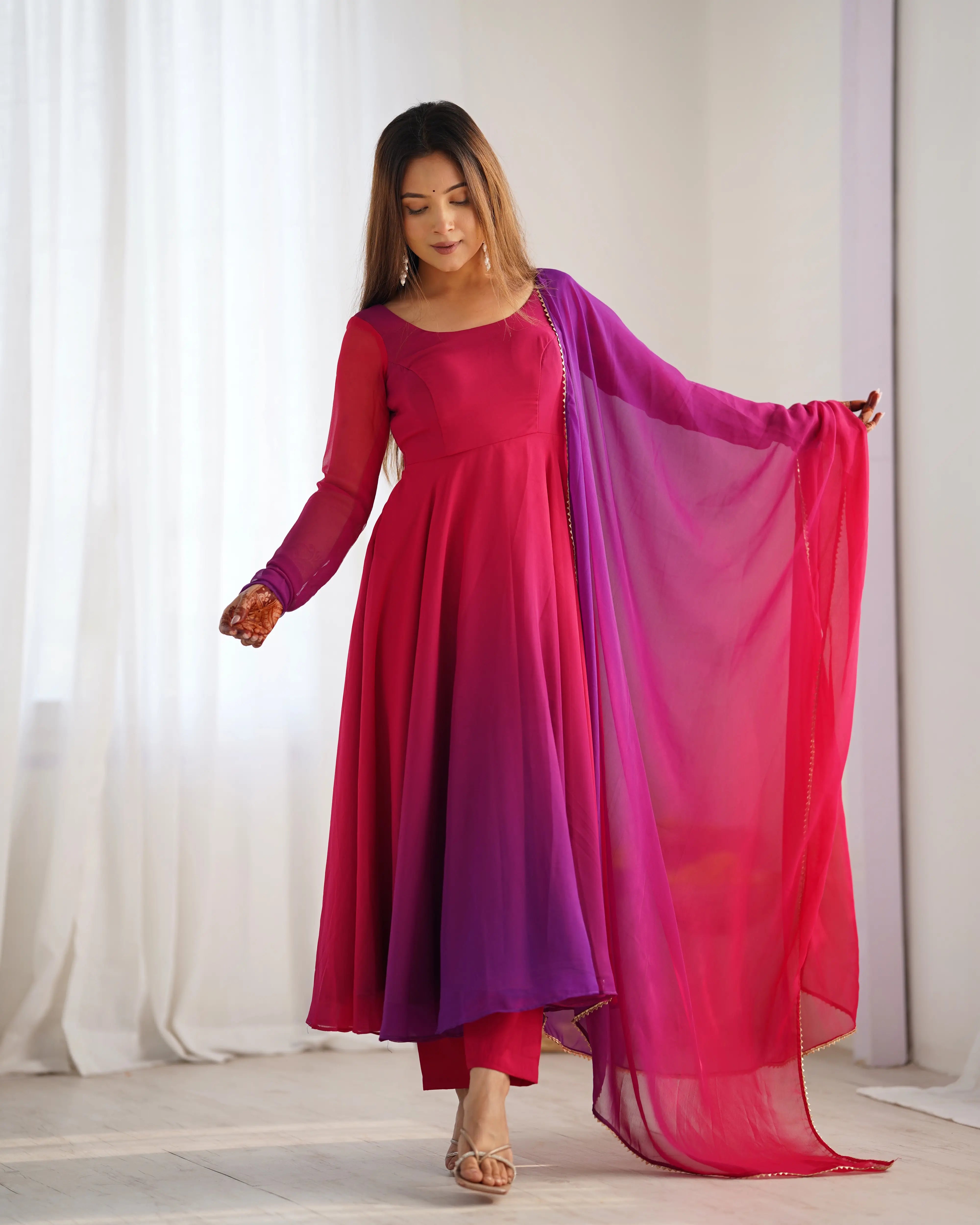 Dark Pink With Colorful Padding Plain Georgette Gown With Dupatta