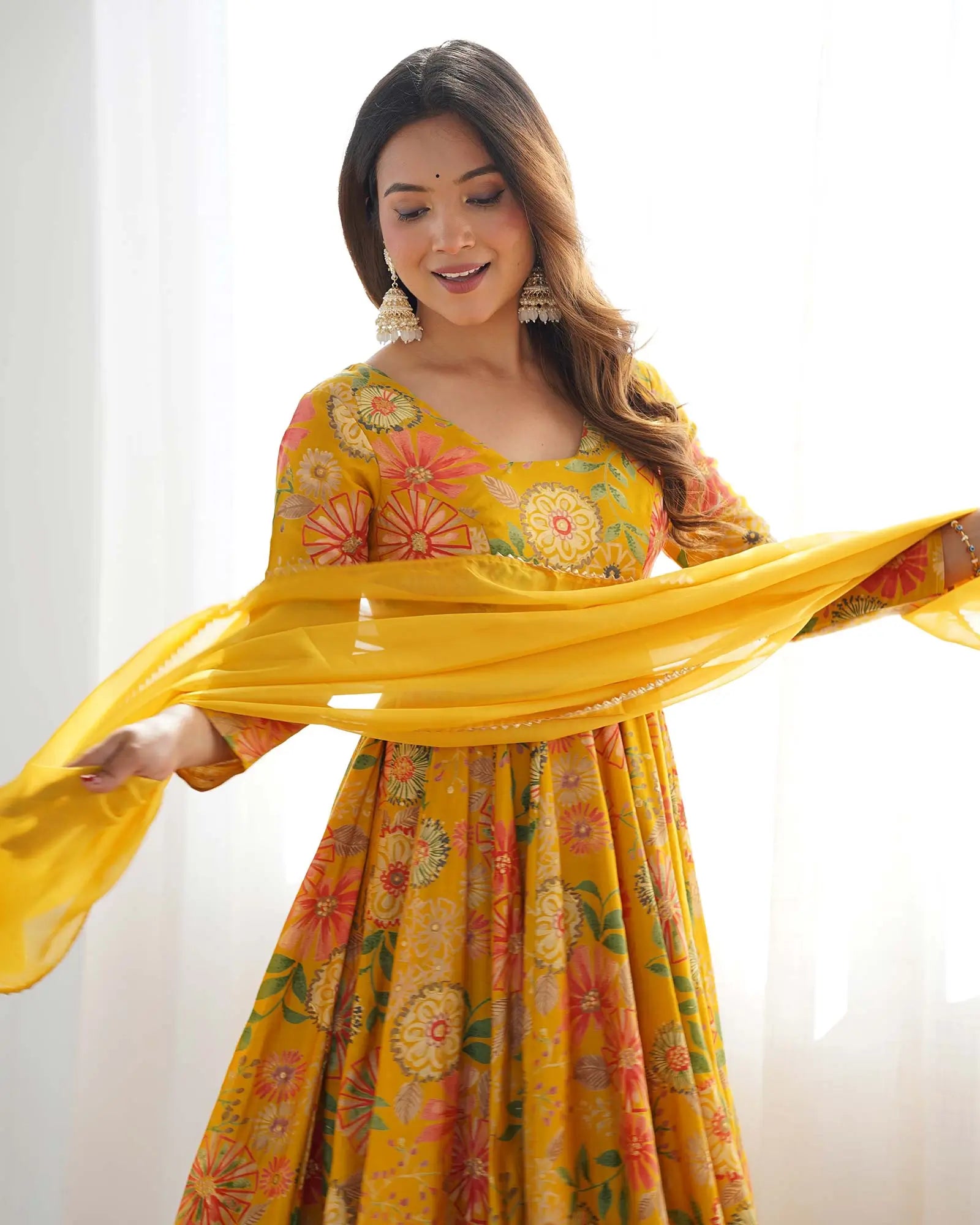 Yellow Floral Chanderi Print Kediya Style Kurta Set With Dupatta