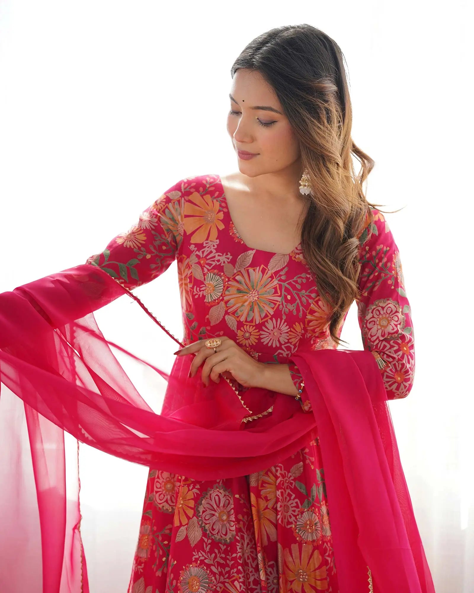 Rani Pink Floral Chanderi Print Kediya Style Kurta Set With Dupatta