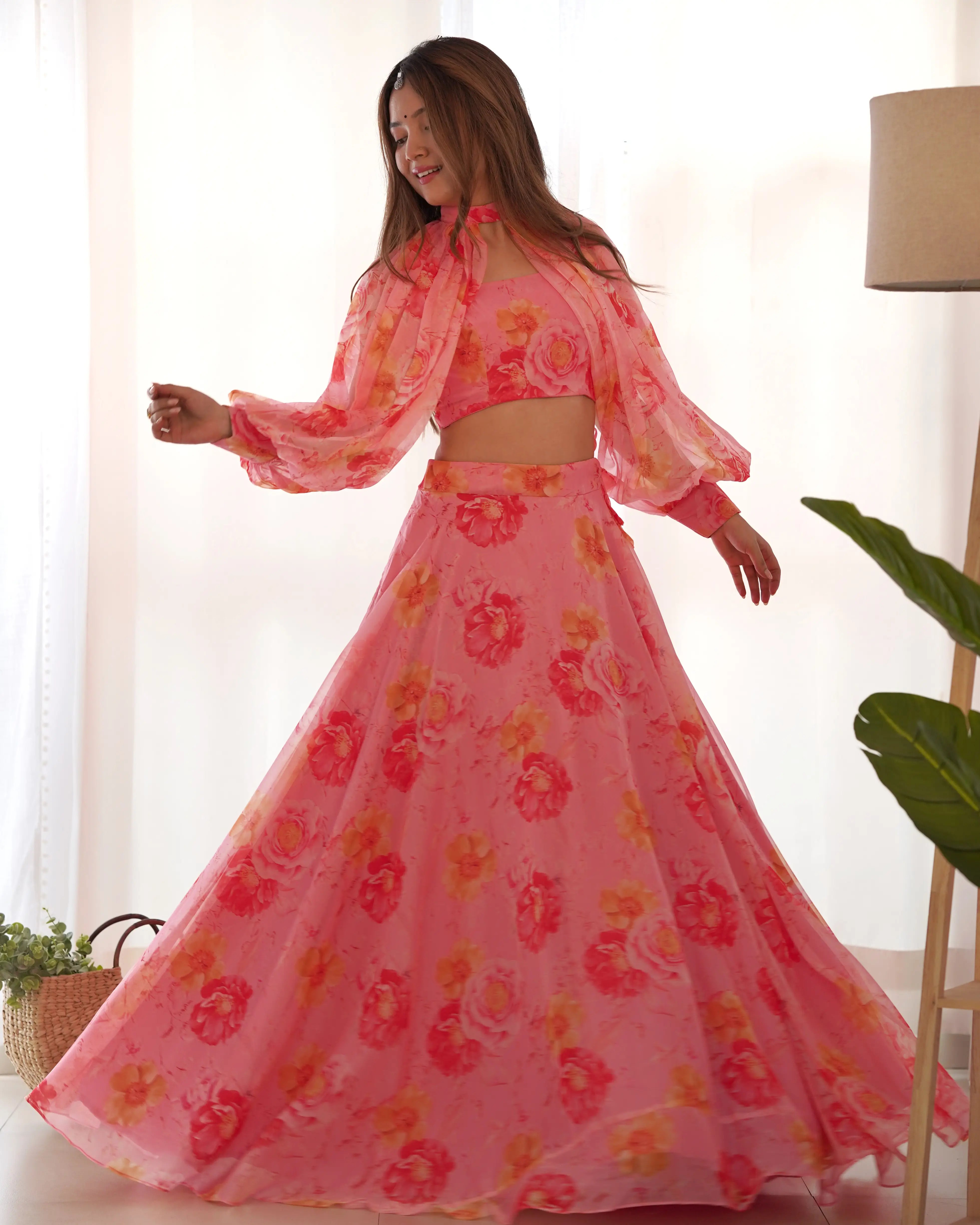 Dirty Pink Floral Print Indo Western With Detachable Sleeves And Lehenga - qivii