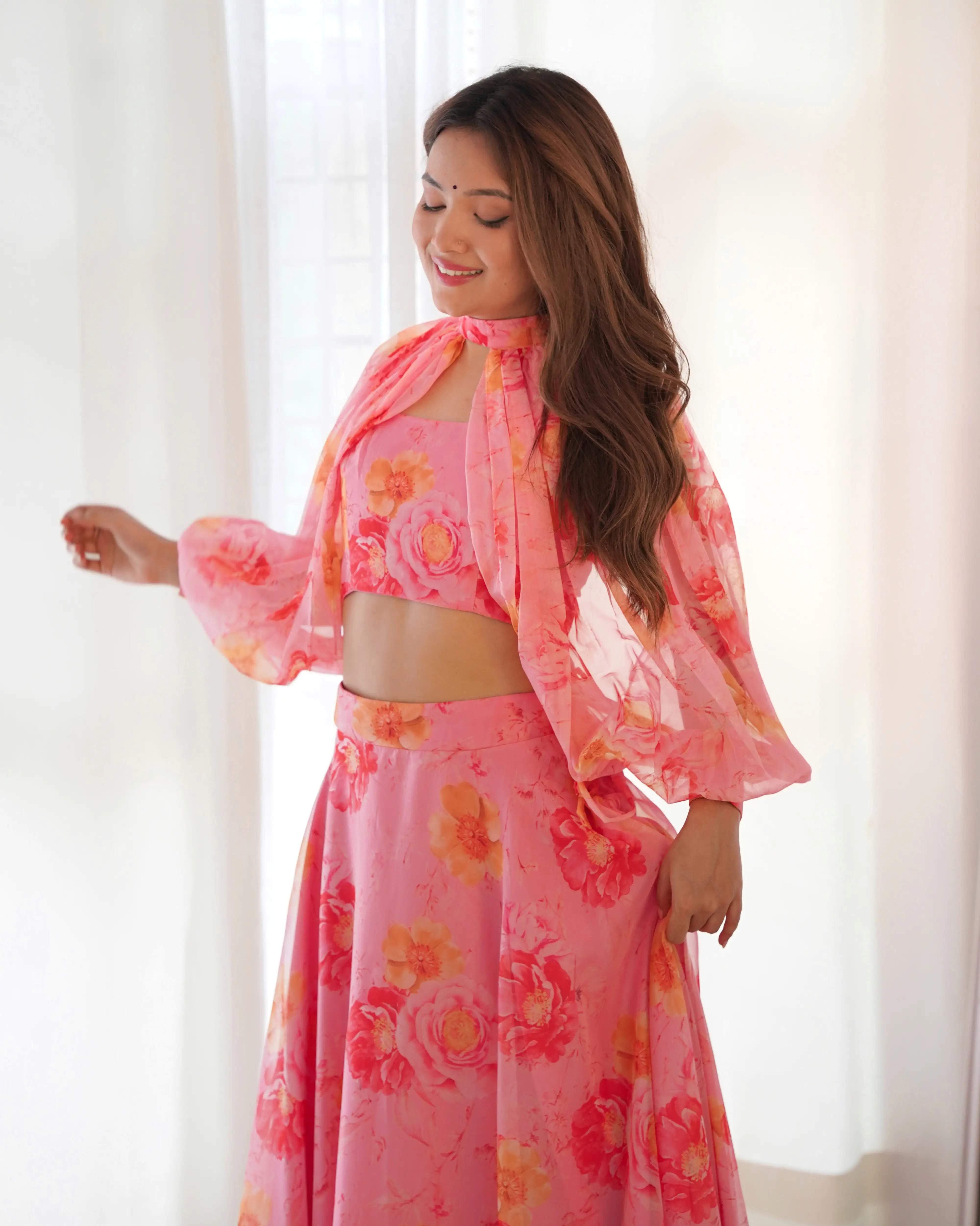 Dirty Pink Floral Print Indo Western With Detachable Sleeves And Lehenga - qivii