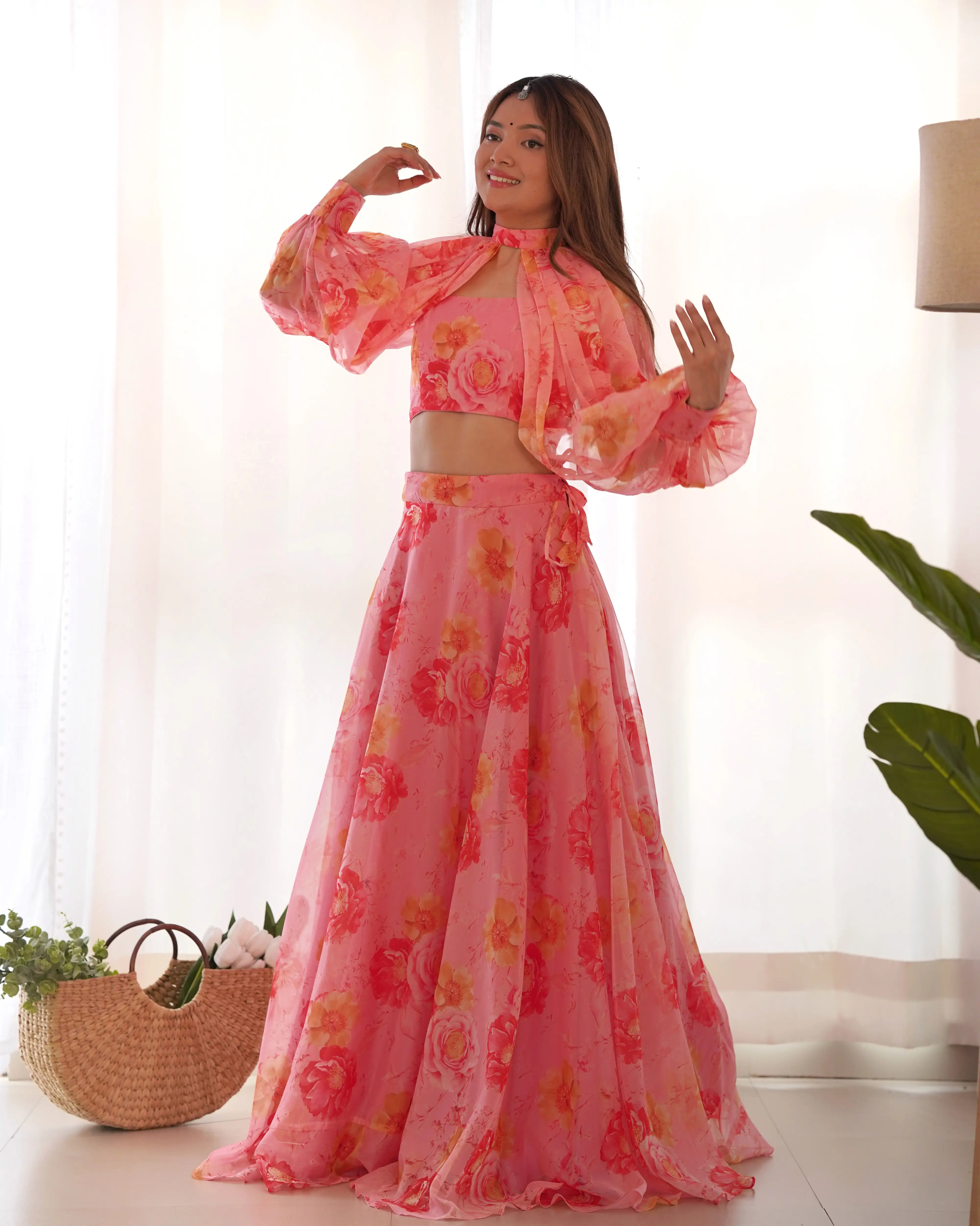 Dirty Pink Floral Print Indo Western With Detachable Sleeves And Lehenga - qivii
