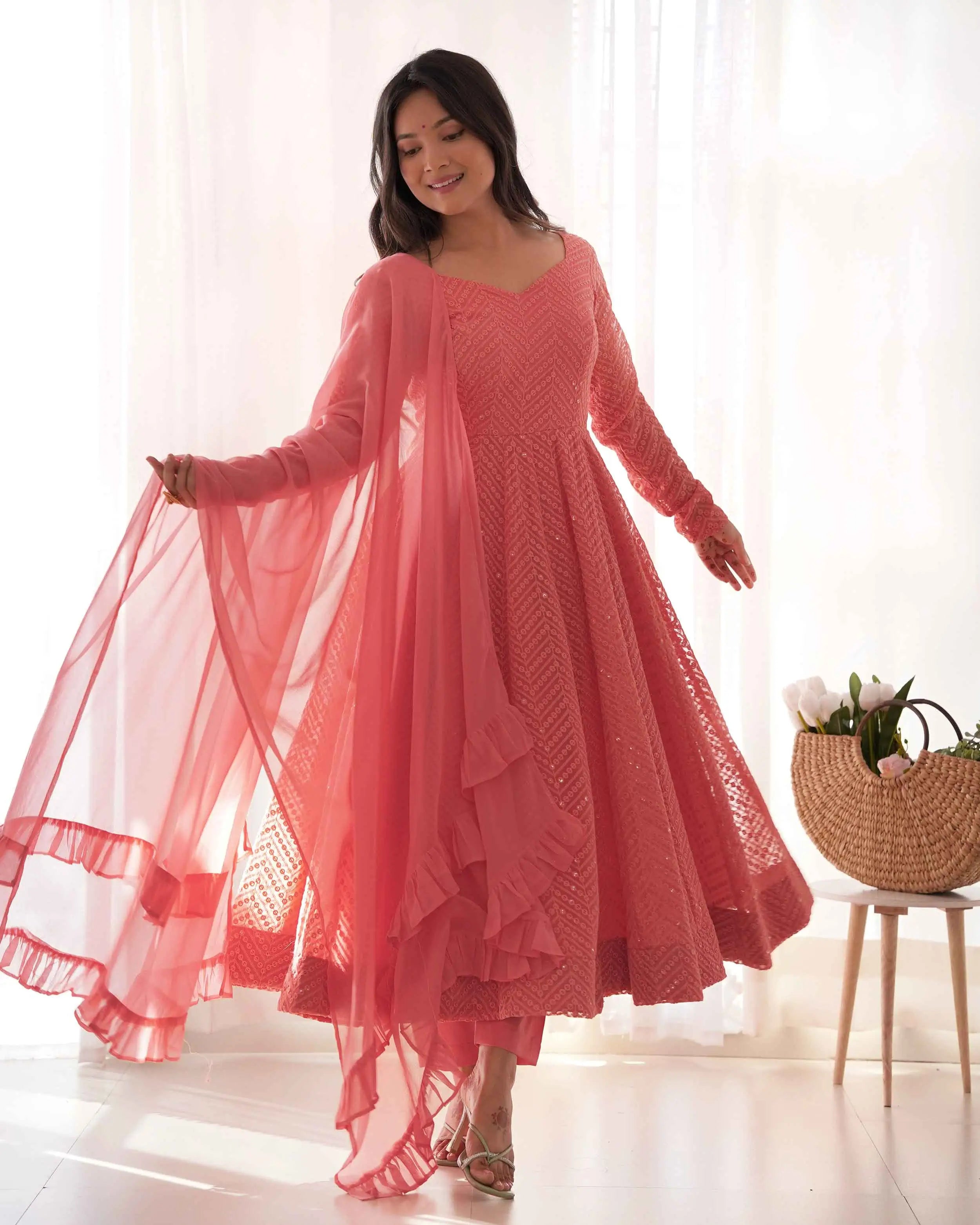 Peach Georgette lucknowi Sequins Work Gown With Ruffle Style Dupatta
