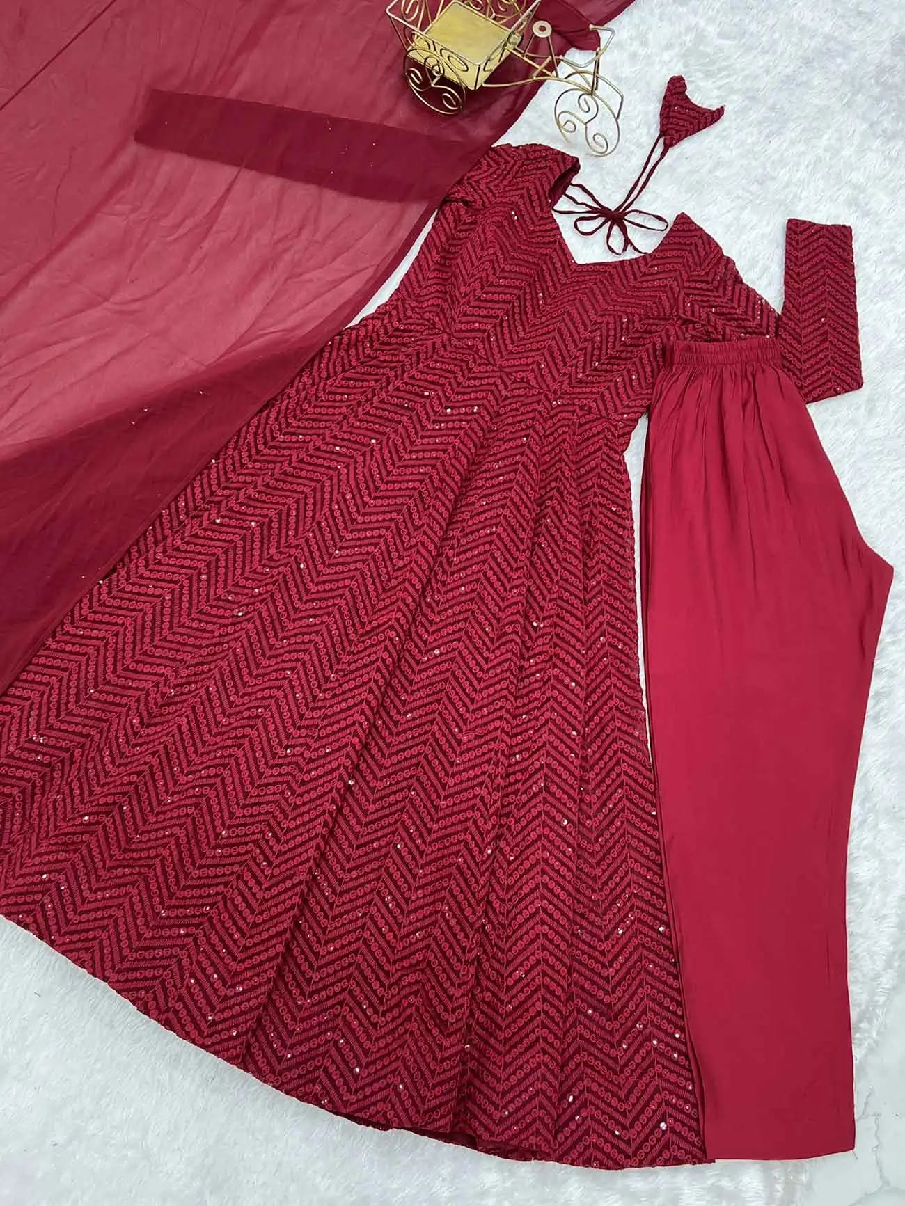 Maroon Lukhnowi Sequins Work Gown