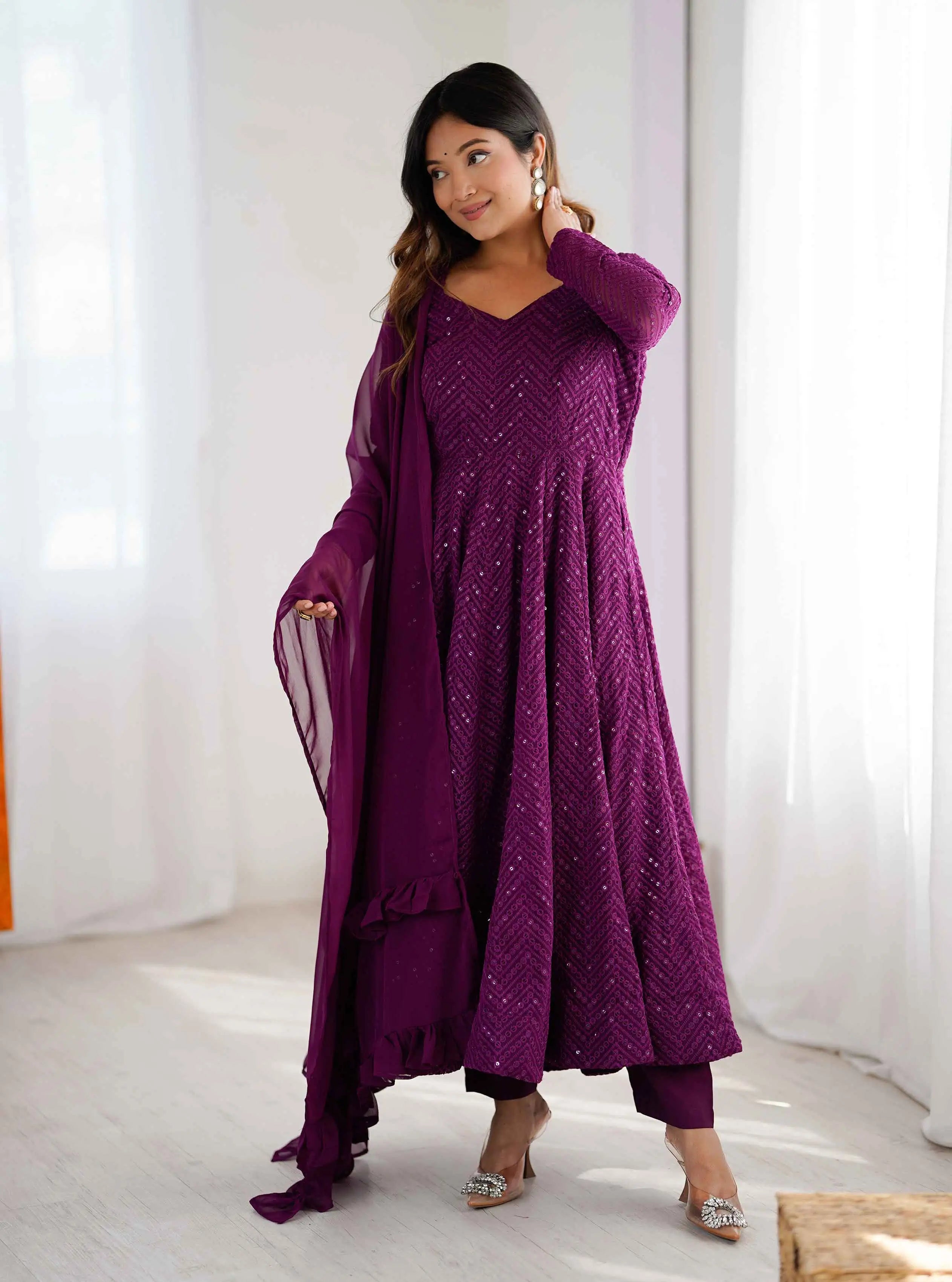 Grape Purple Lukhnowi Sequins Work Gown