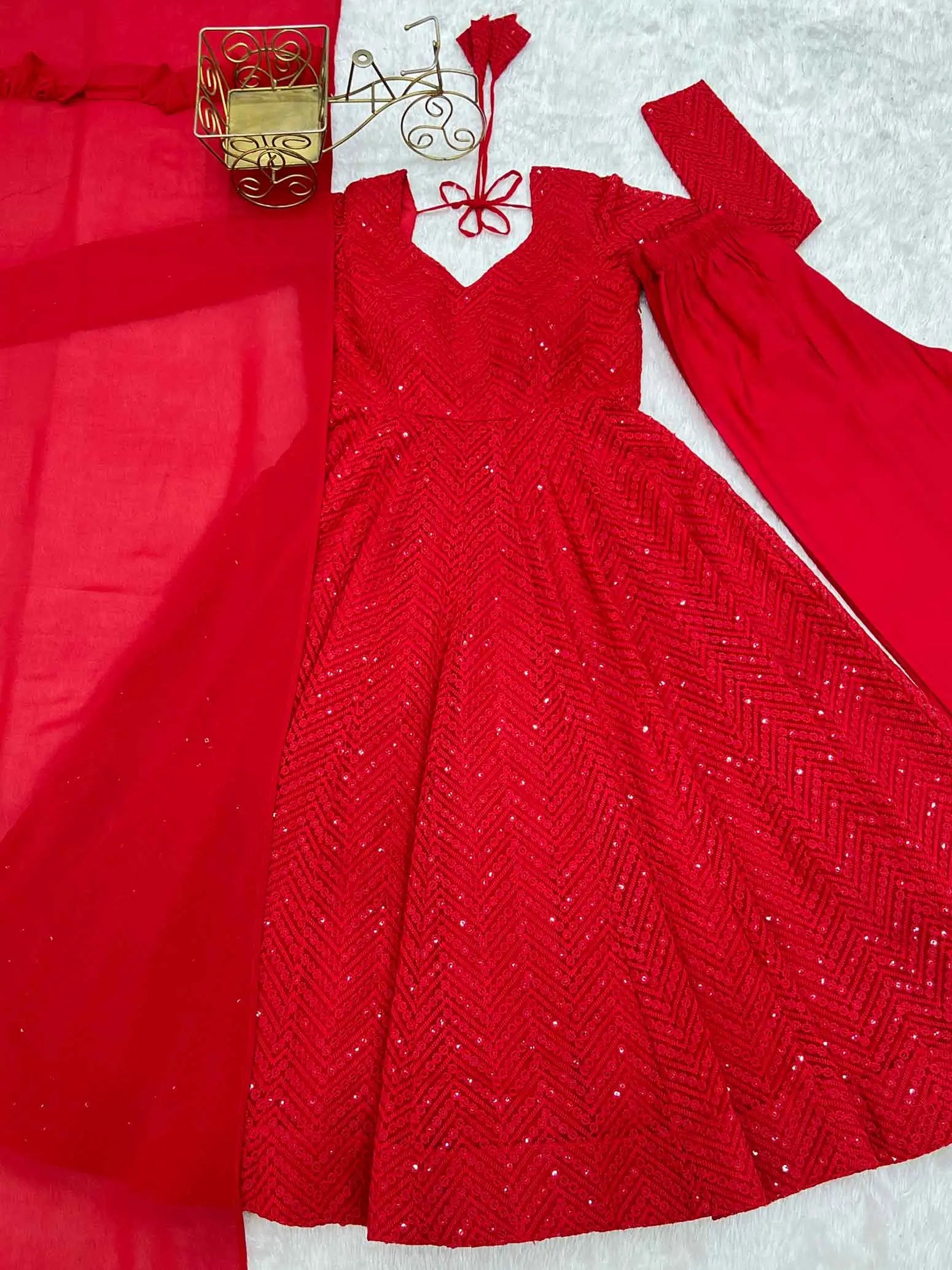 Red Lukhnowi Sequins Work Gown