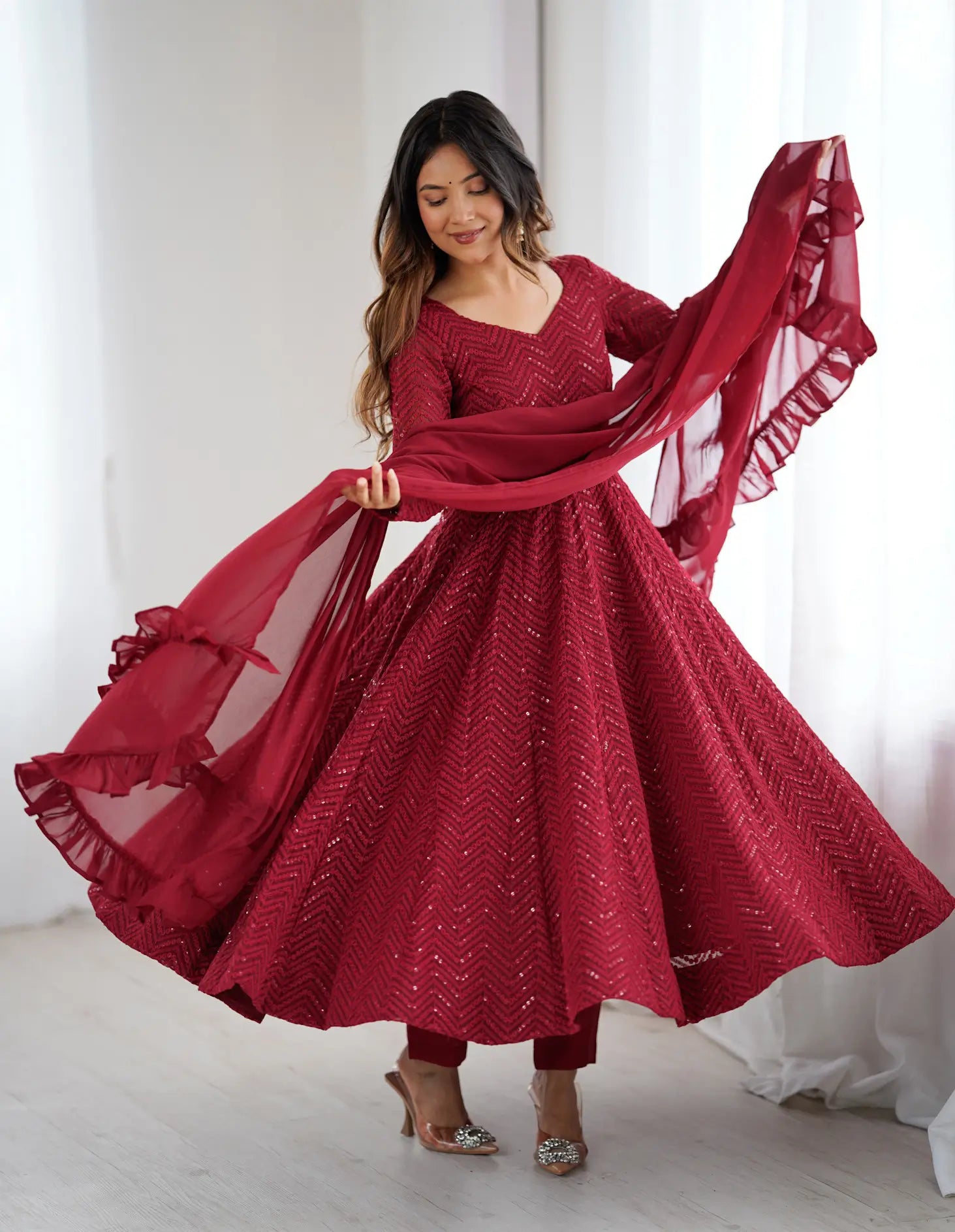 Maroon Lukhnowi Sequins Work Gown