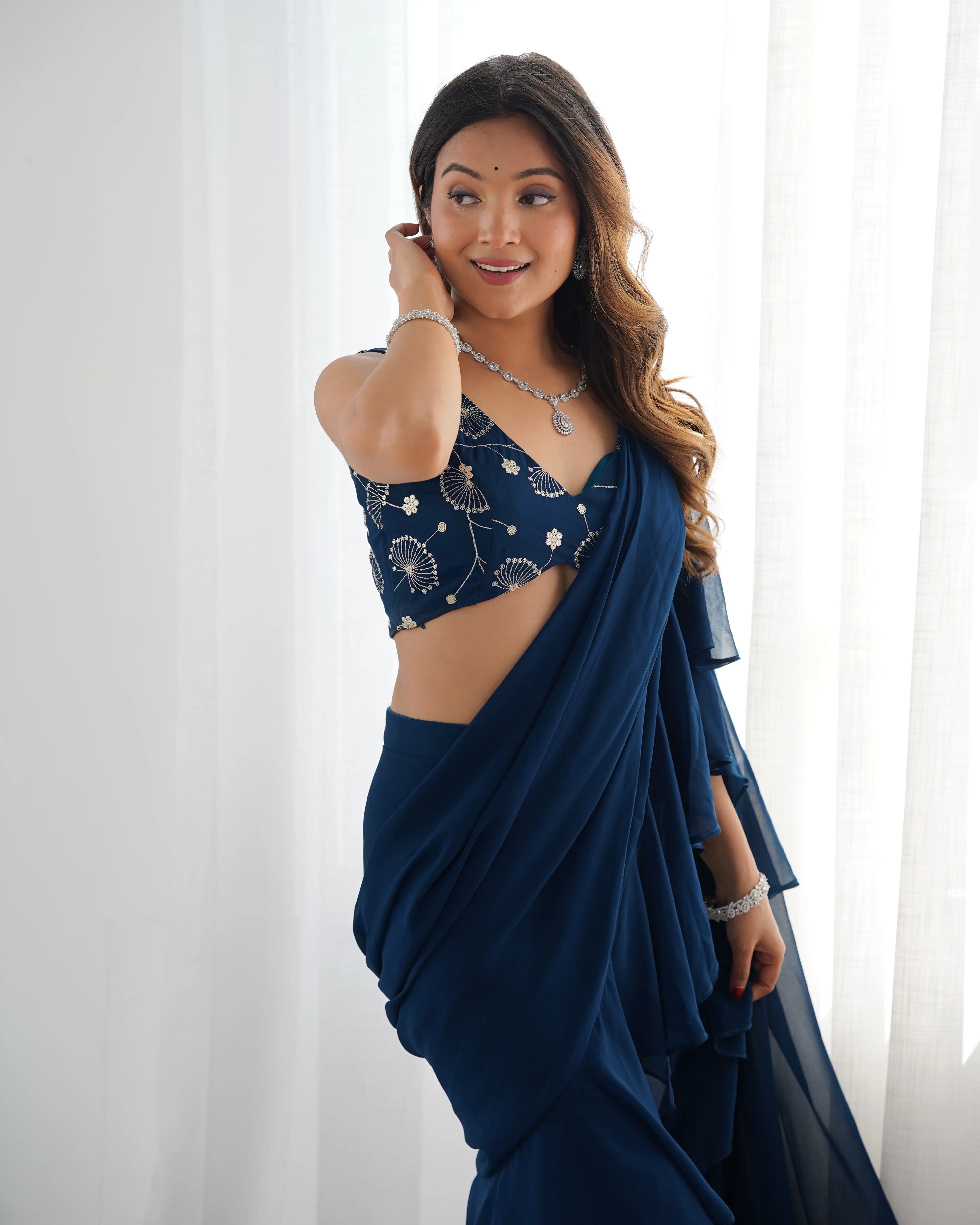 Teal Blue Georgette Ready To Wear Sharara Saree - qivii