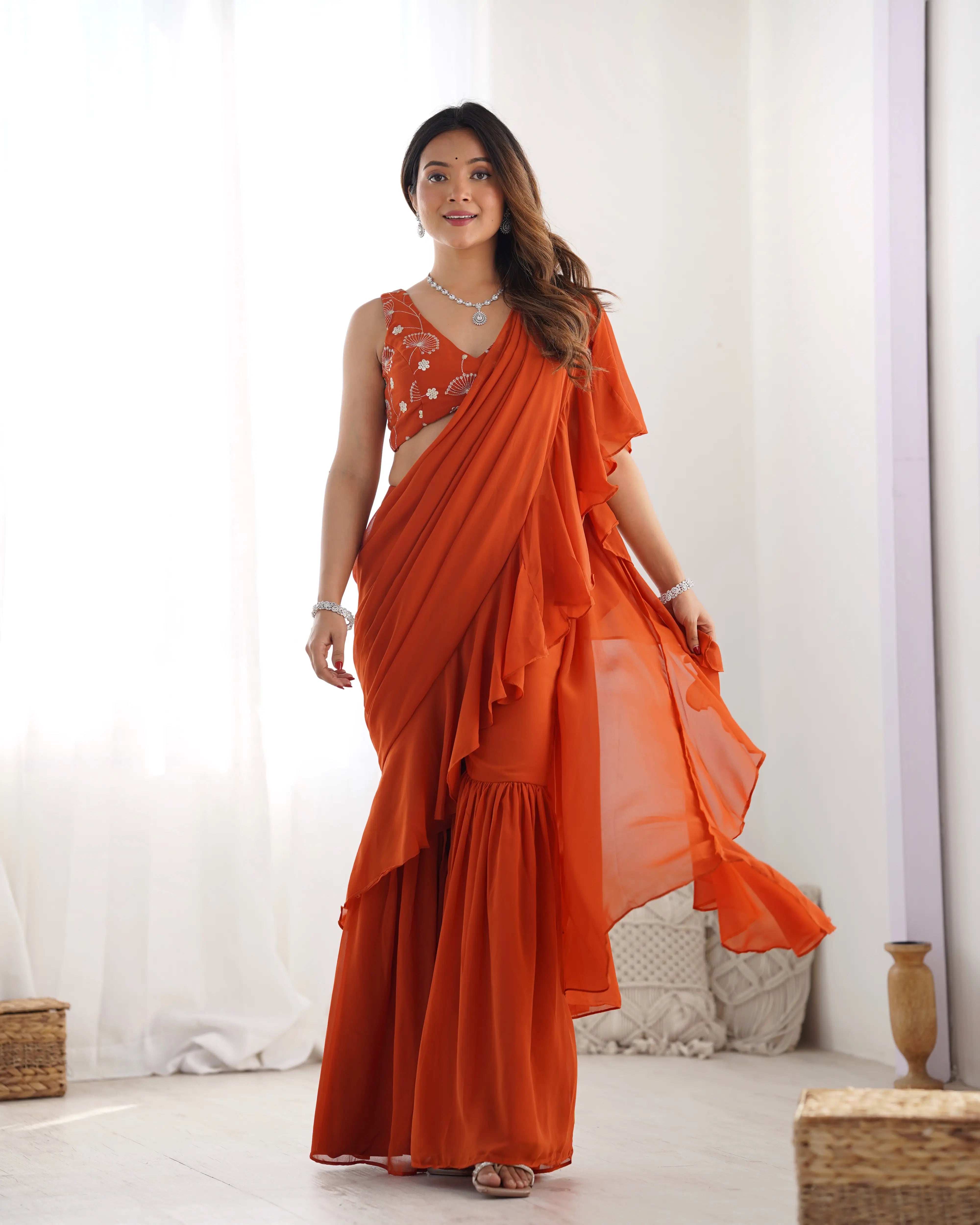 Rust Orange Georgette Ready To Wear Sharara Saree - qivii