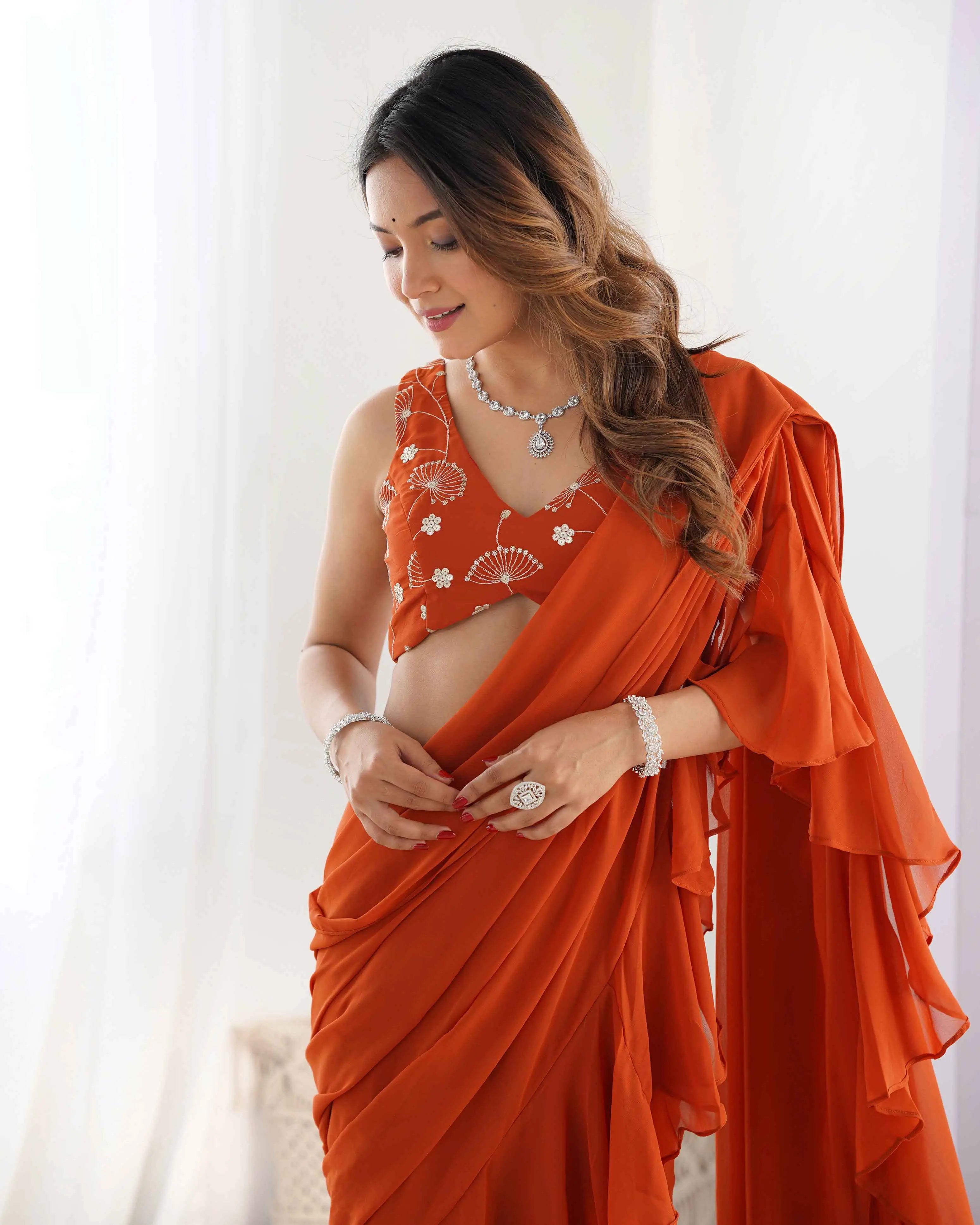 Rust Orange Georgette Ready To Wear Sharara Saree - qivii