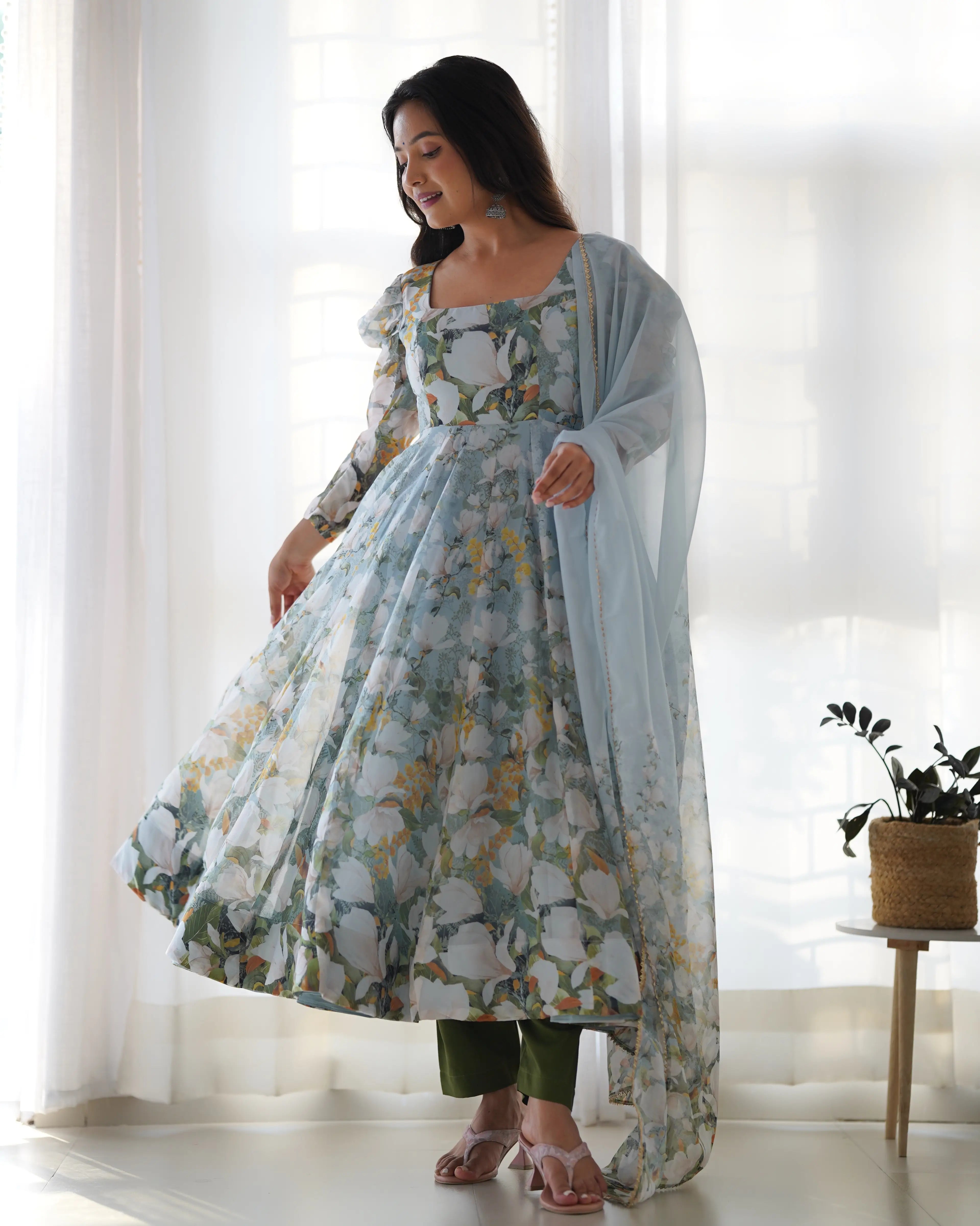 Regent Grey Floral Print Organza Silk Anarkali Gown And Dupatta - qivii