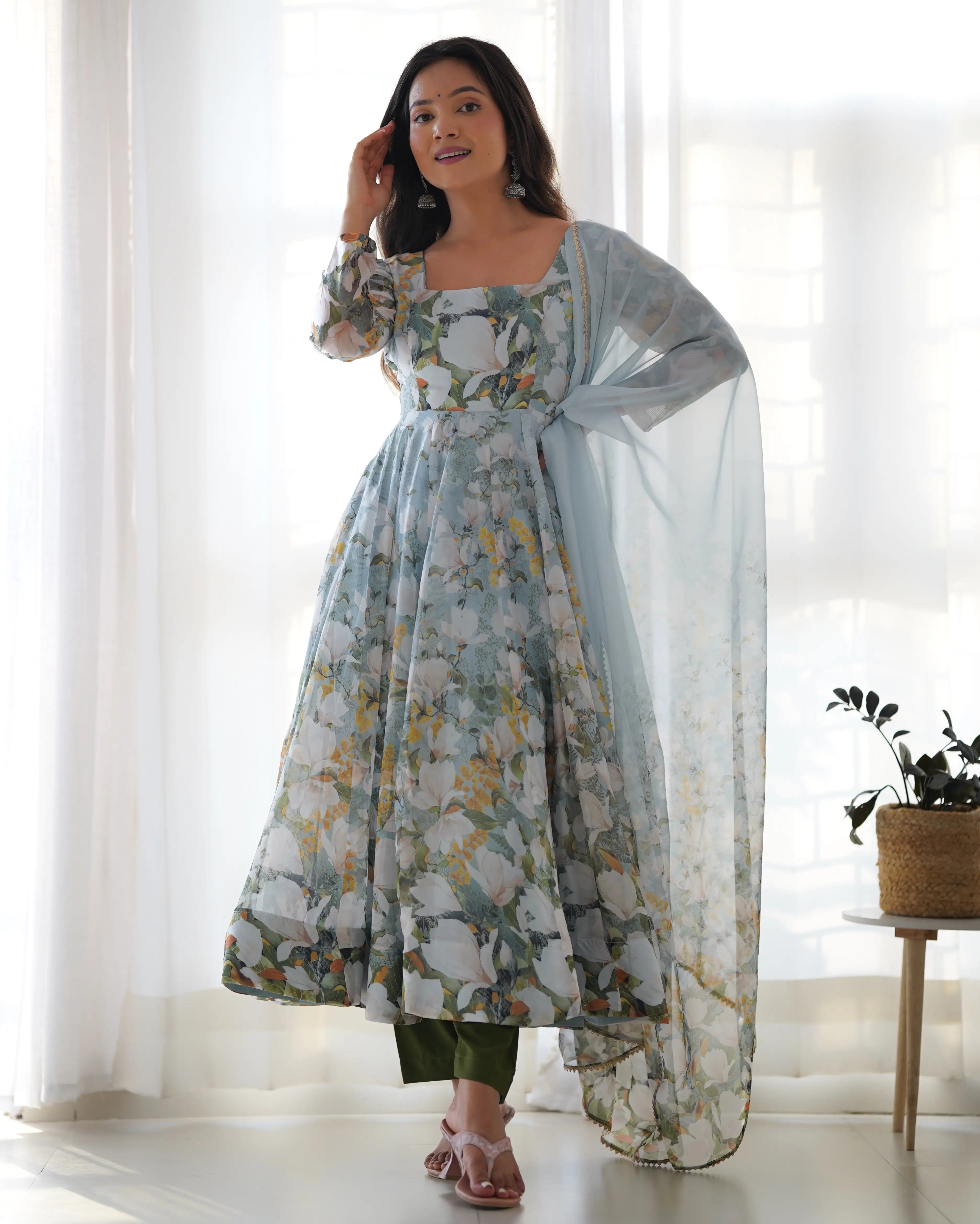 Regent Grey Floral Print Organza Silk Anarkali Gown And Dupatta