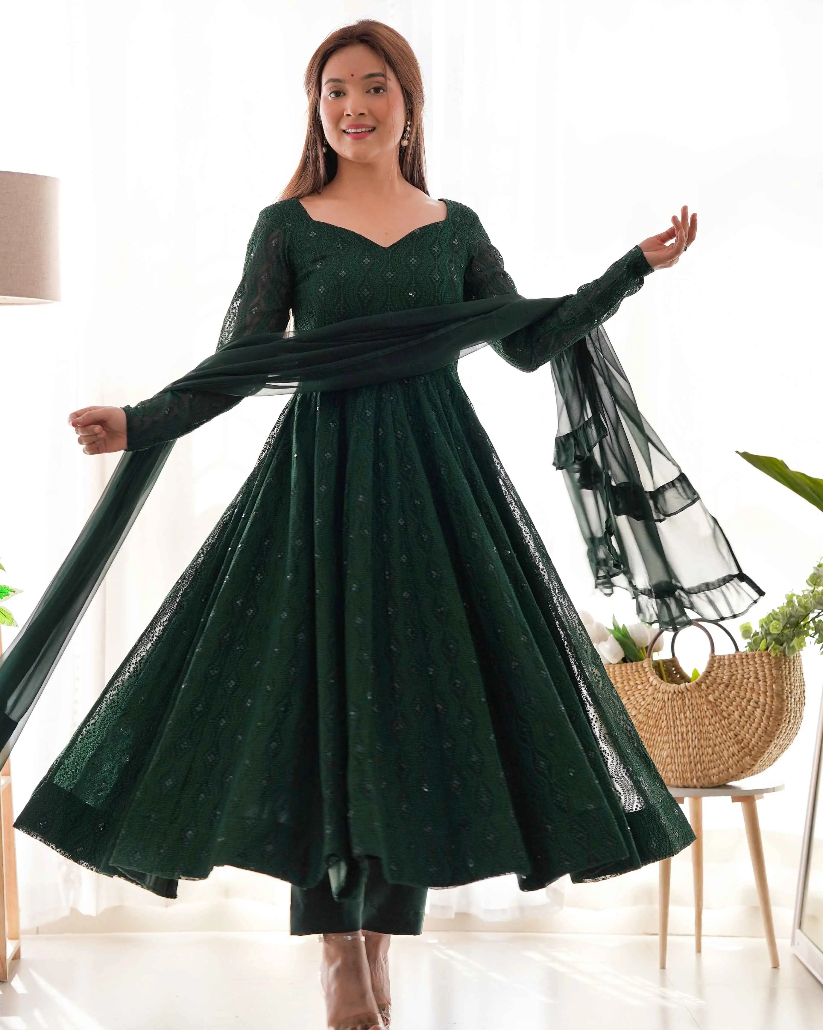 Dark Green Lukhnowi Work Georgette Gown With Ruffle Style Dupatta