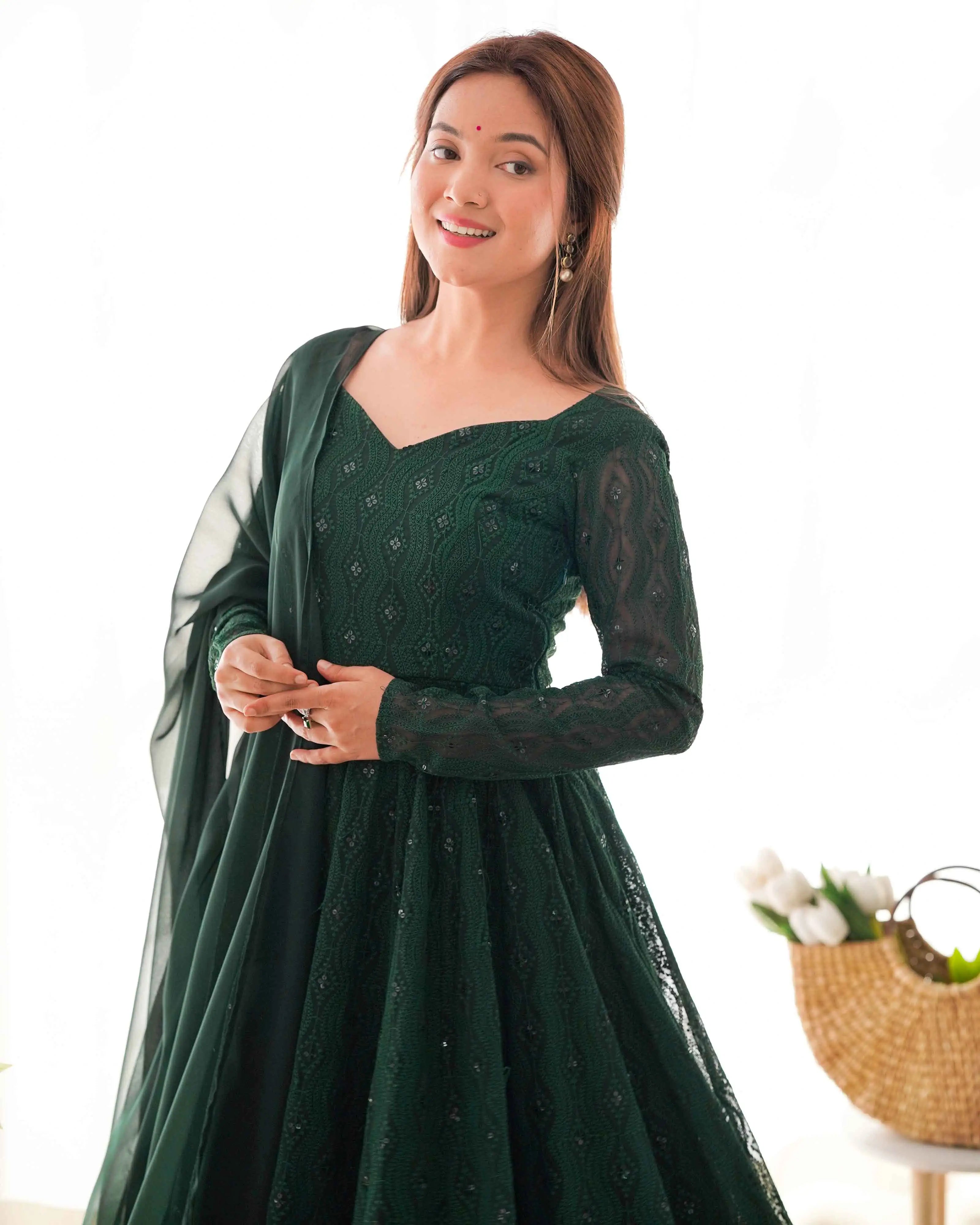 Dark Green Lukhnowi Work Georgette Gown With Ruffle Style Dupatta - qivii
