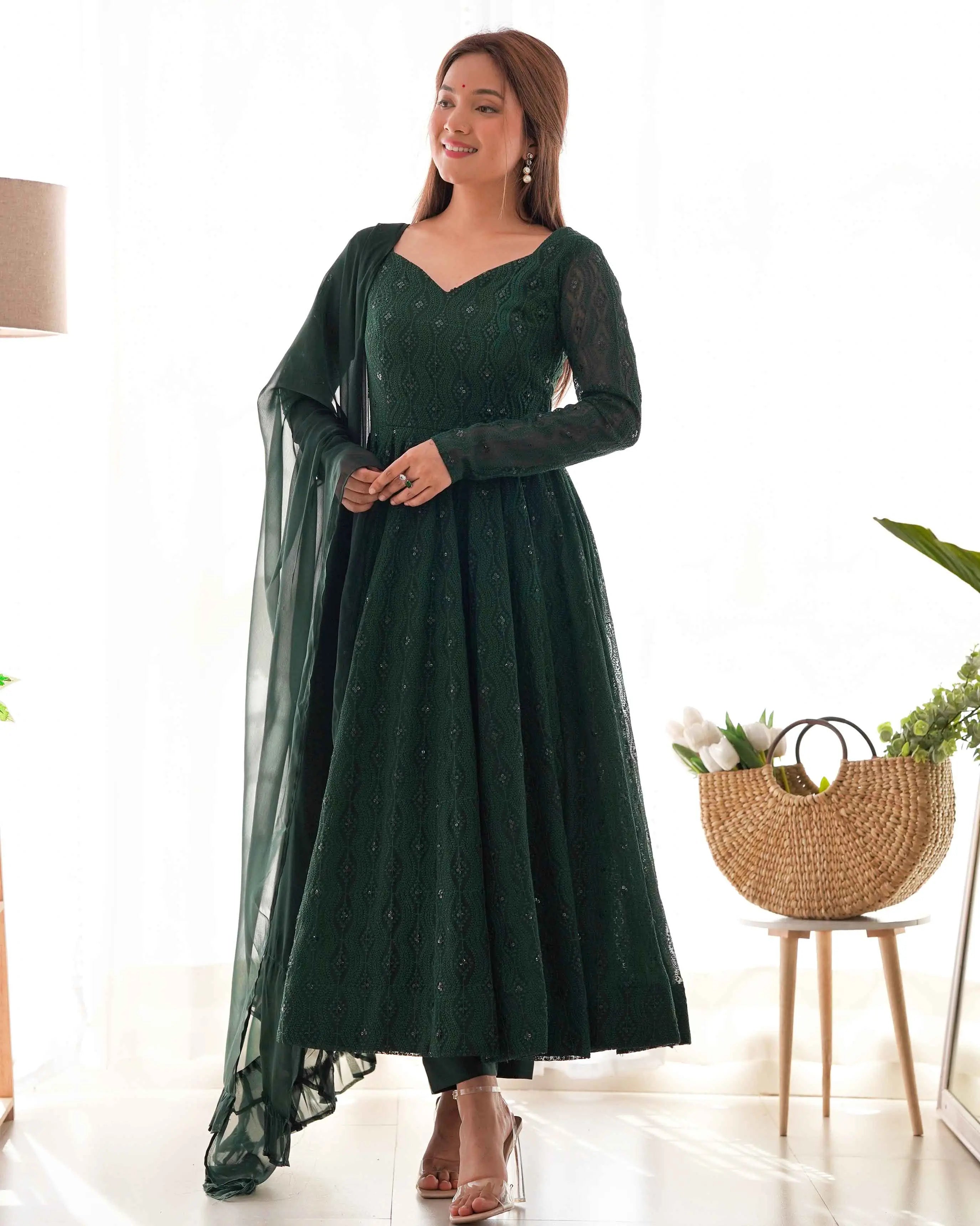 Dark Green Lukhnowi Work Georgette Gown With Ruffle Style Dupatta - qivii