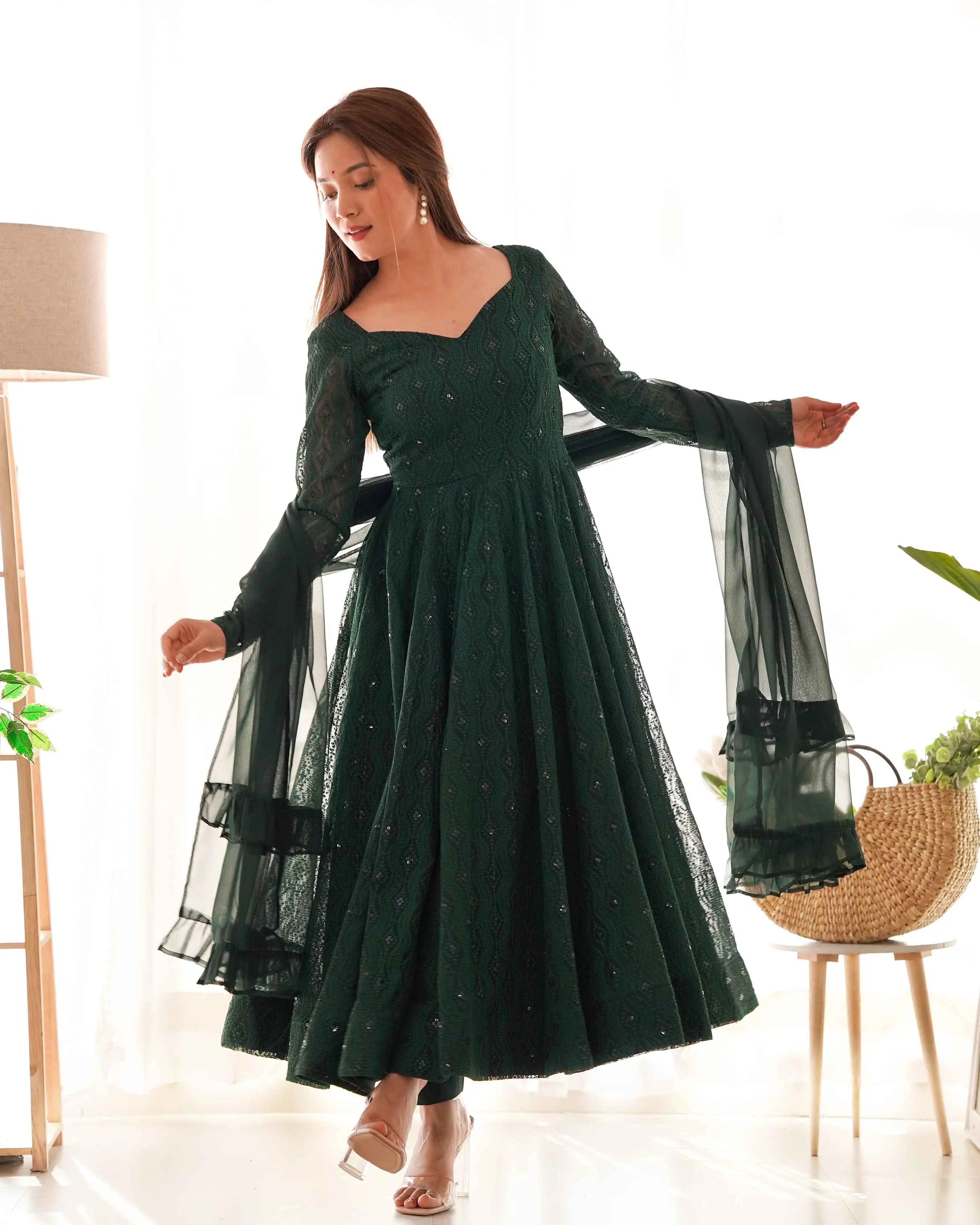 Dark Green Lukhnowi Work Georgette Gown With Ruffle Style Dupatta