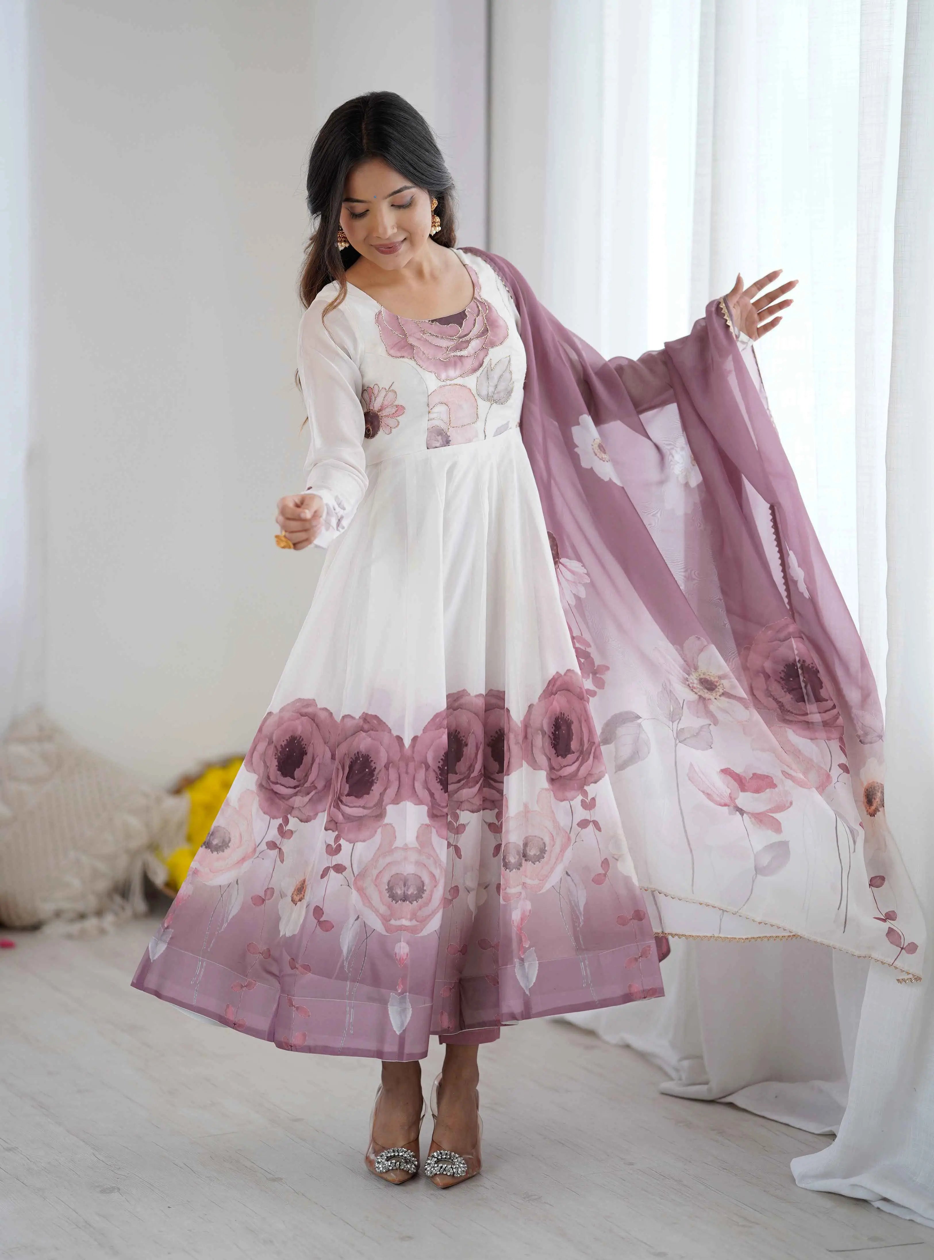 Onion Pink Floral Print Organza Gown