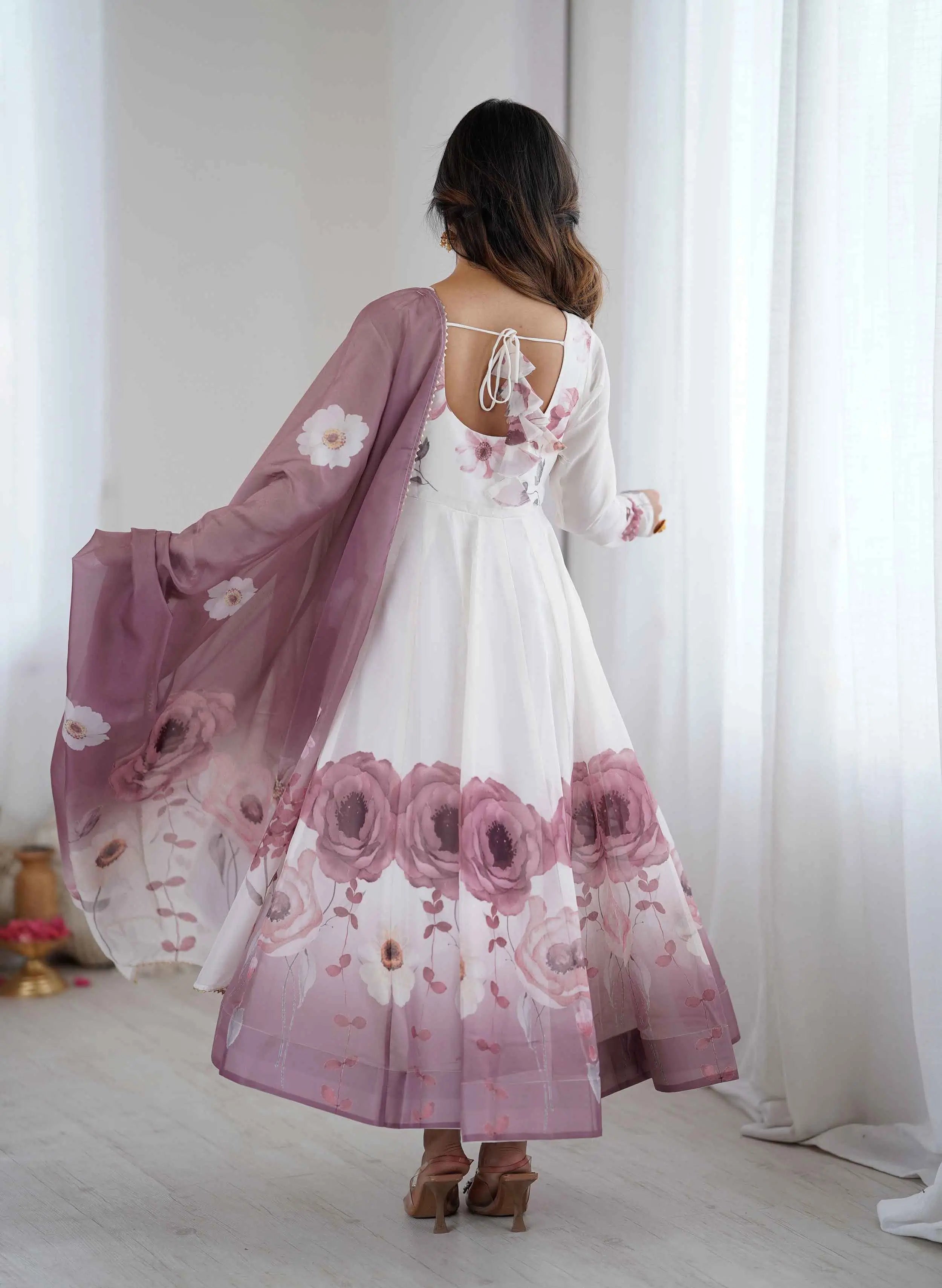 Onion Pink Floral Print Organza Gown