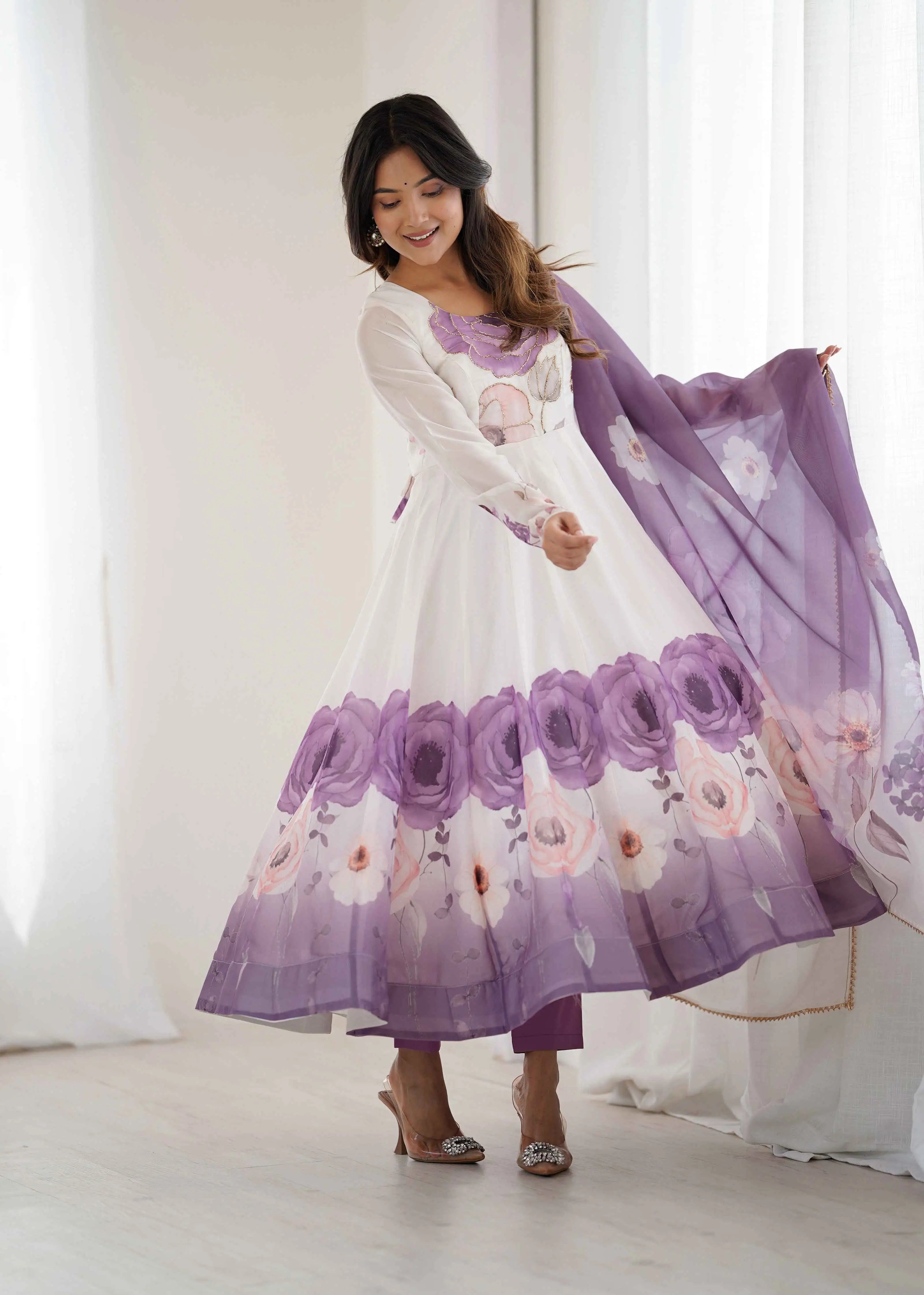 Dusky Purple Floral Print Organza Gown