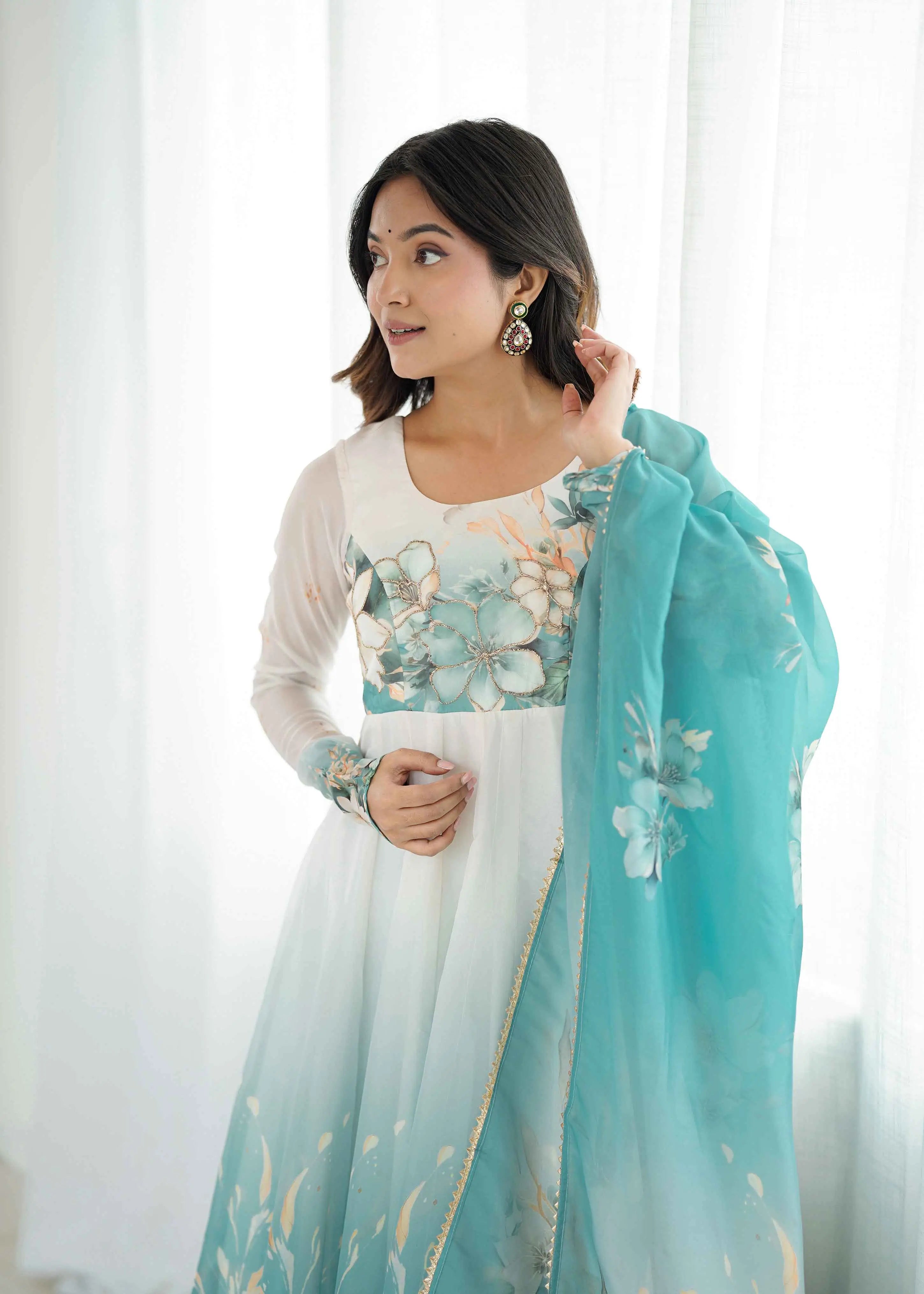 Sky Blue Floral Print Organza Gown