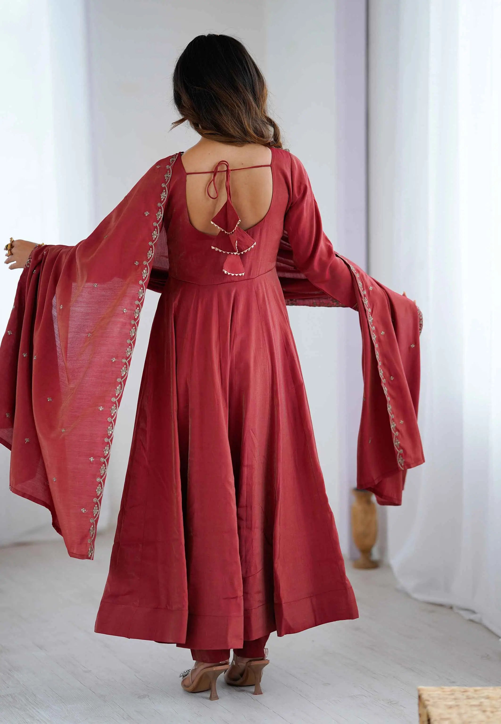 Dusty Red Silk Gown With Beads Hand Work
