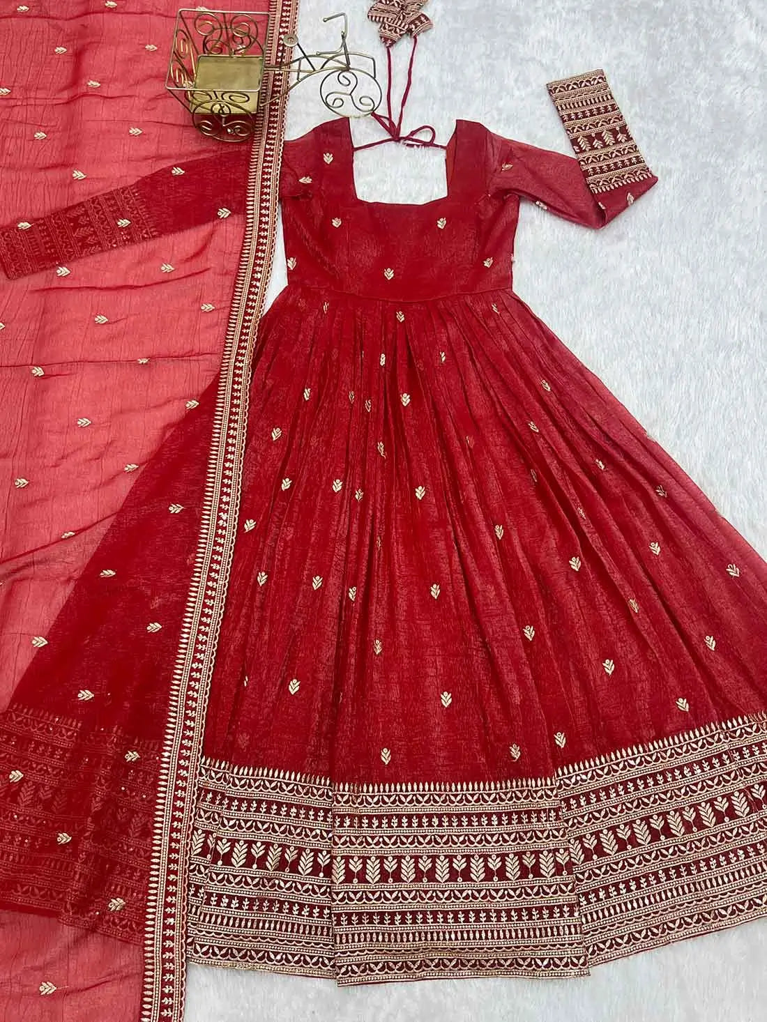 Rust Orange Gown With Sequins Embroidery Work