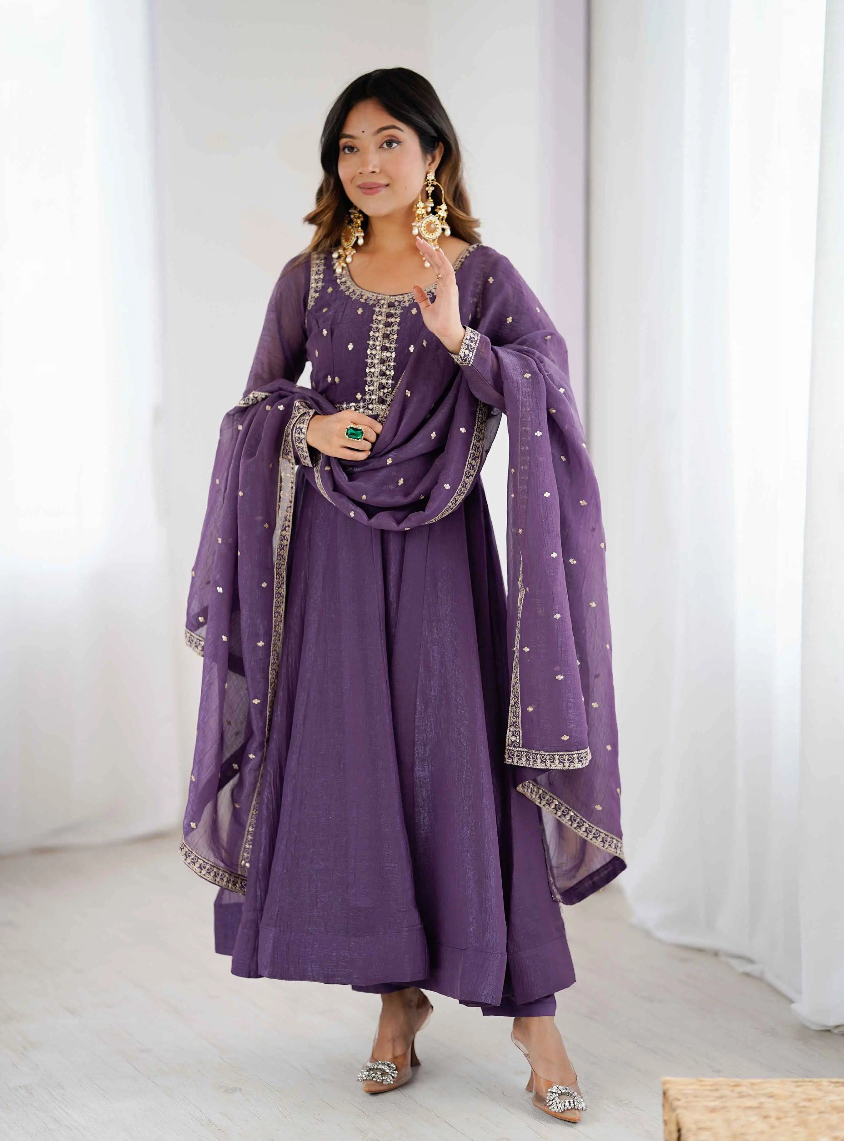Plum Purple Crunchy Silk Embroidery Gown