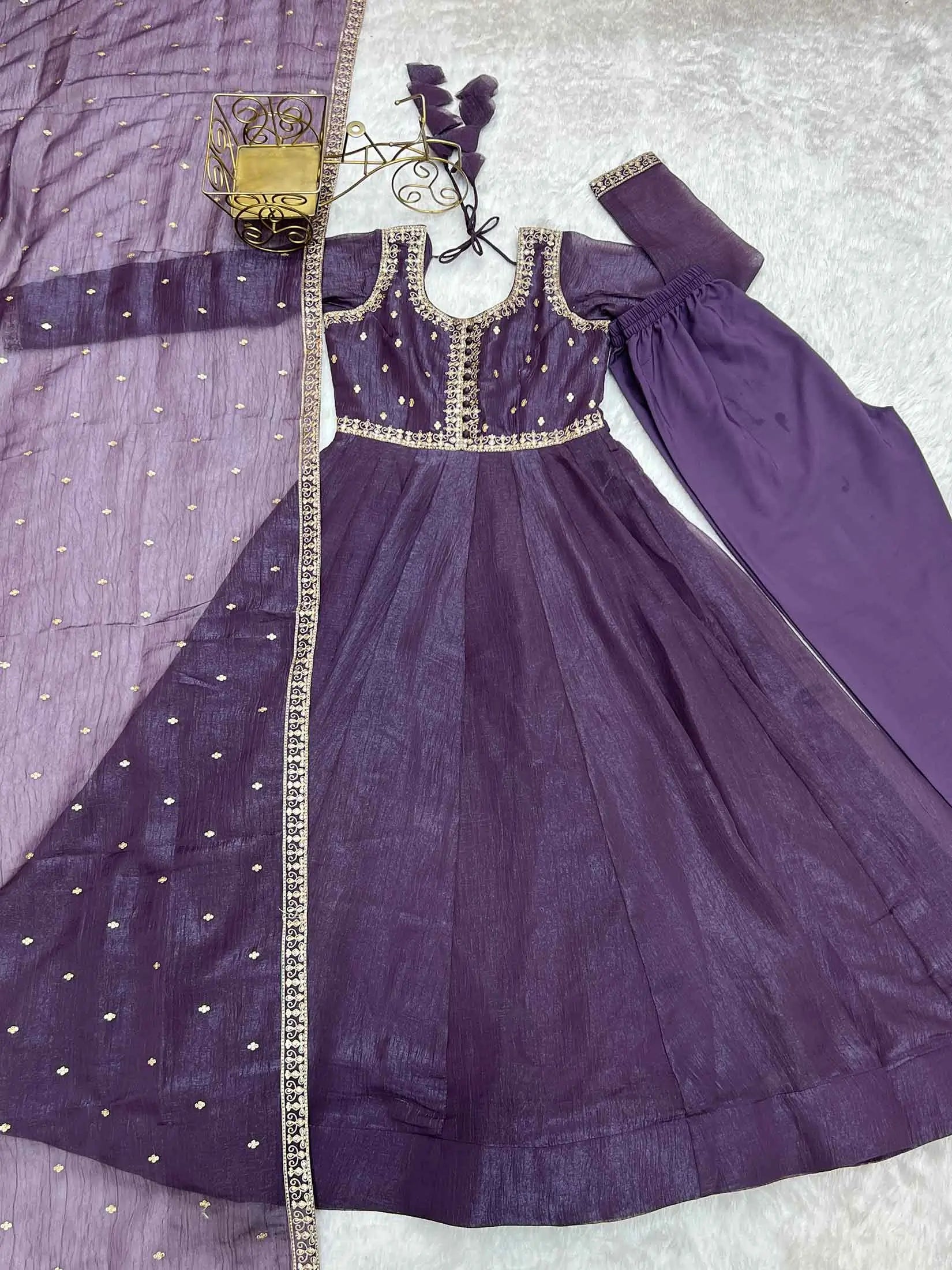 Plum Purple Crunchy Silk Embroidery Gown