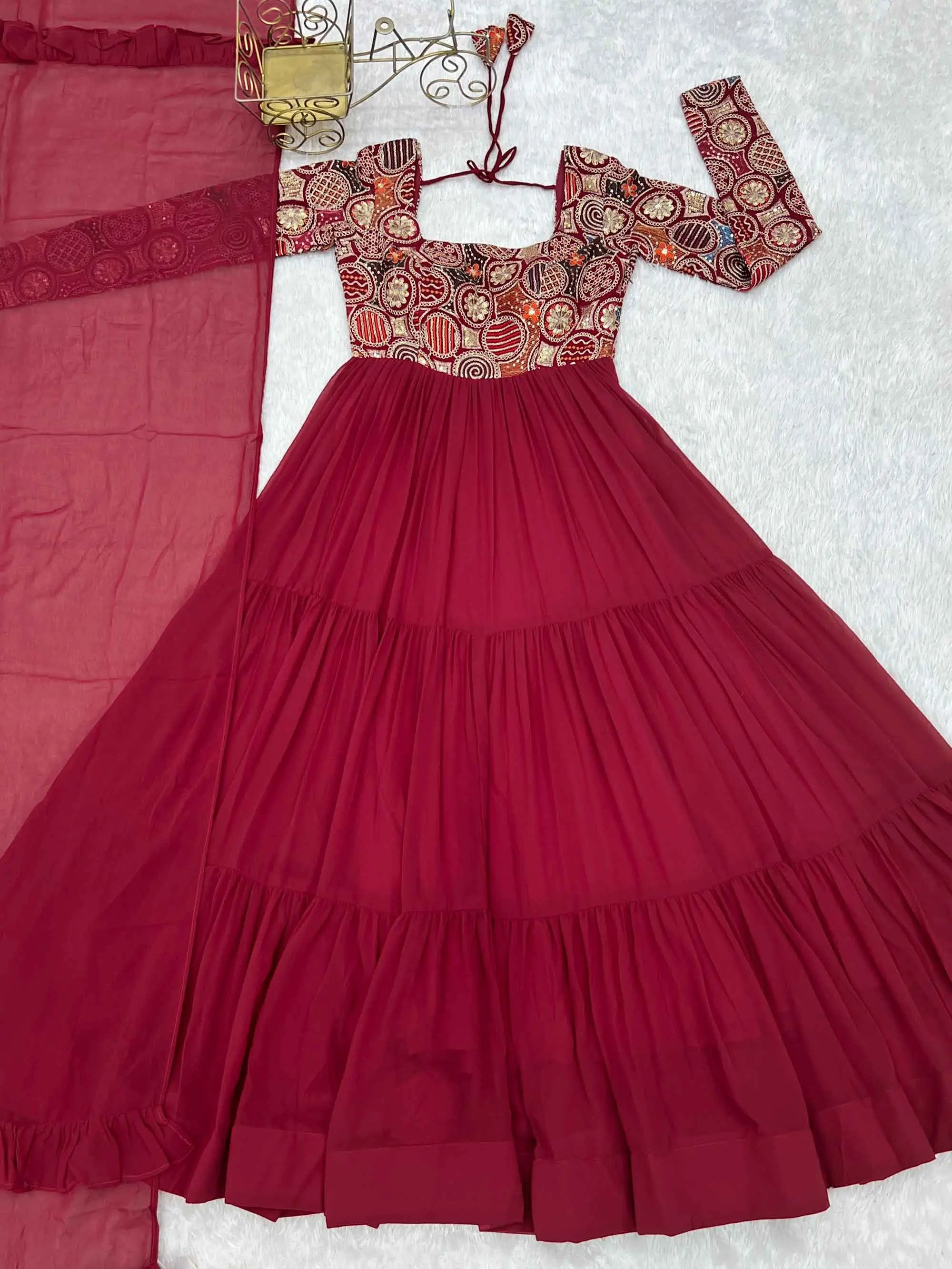 Designer Maroon Georgette Embroidery Gown