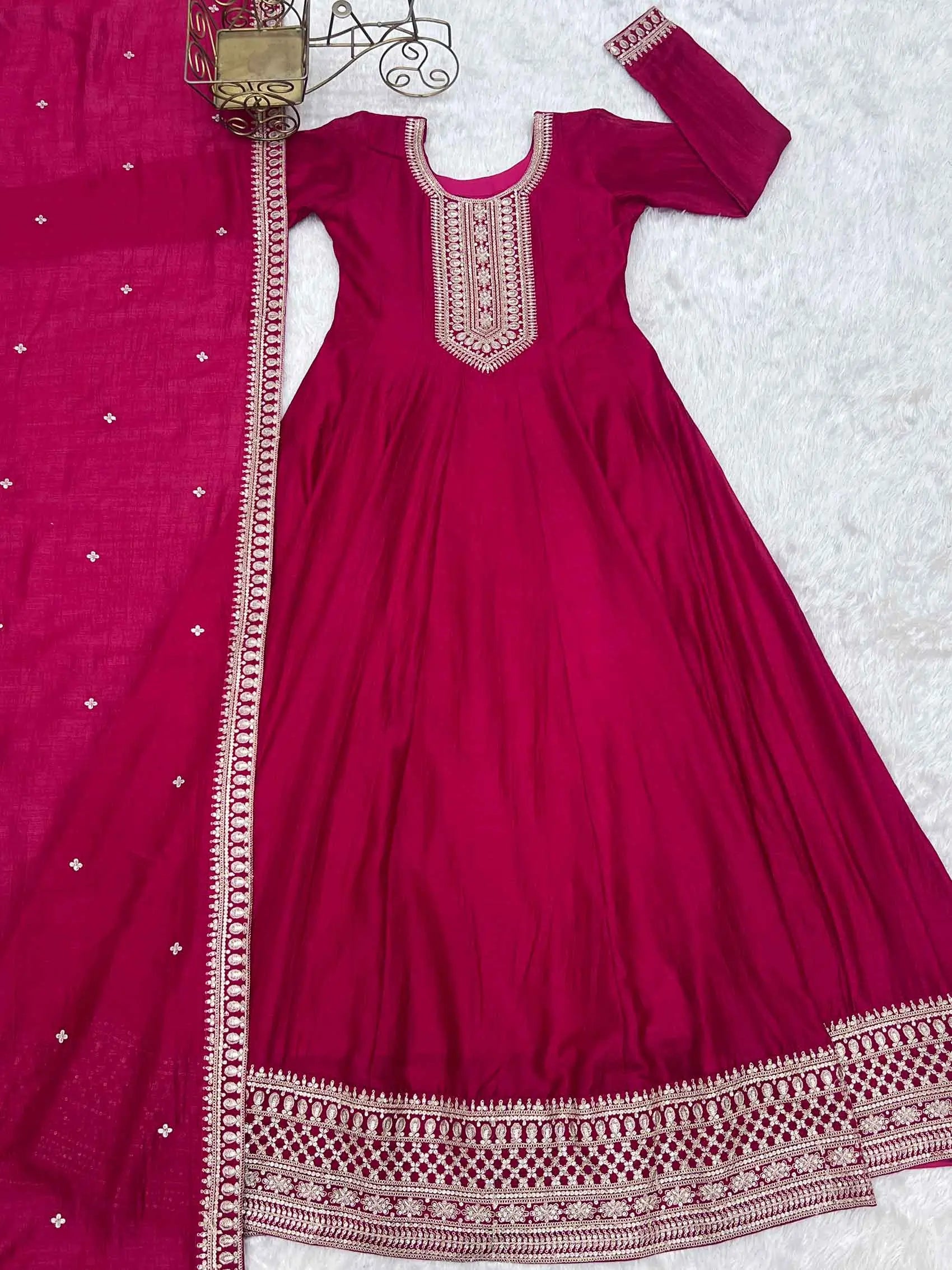 Rani Pink Silk Embroidery Work Gown