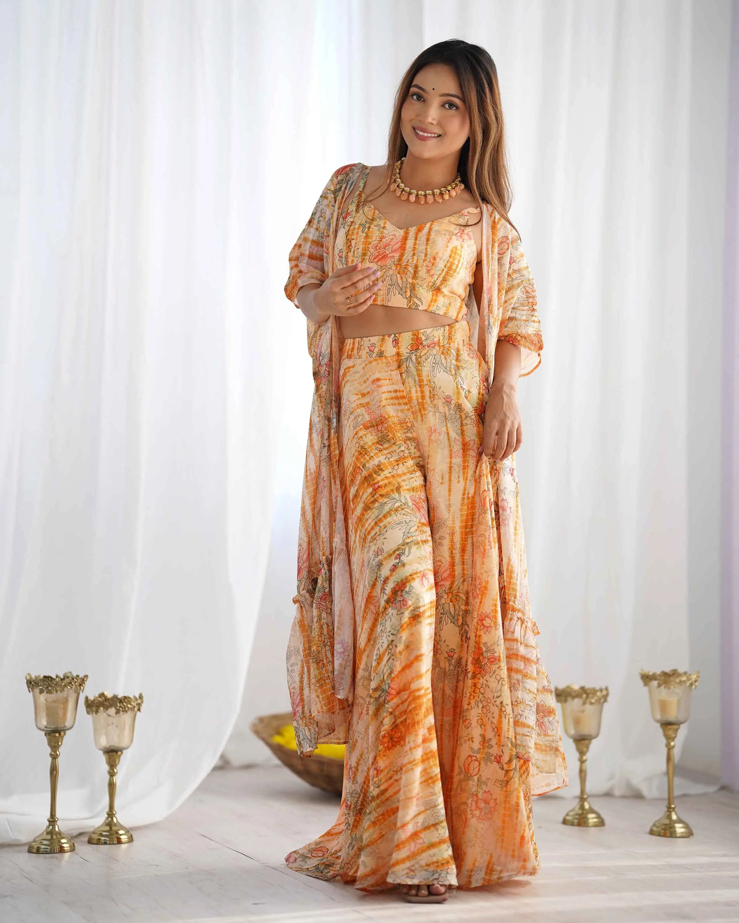 Yellow Georgette Indo Western With Shrug