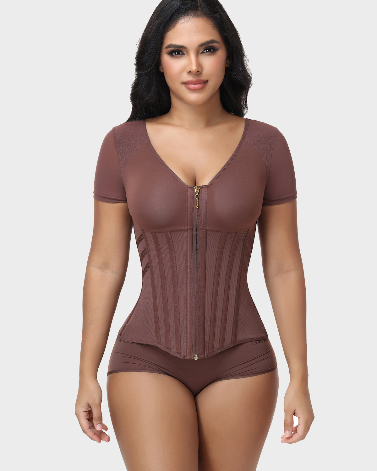 V Neck Front Zipper Short Sleeve Segmented Bone Waist Trainer Compression Shaping Top
