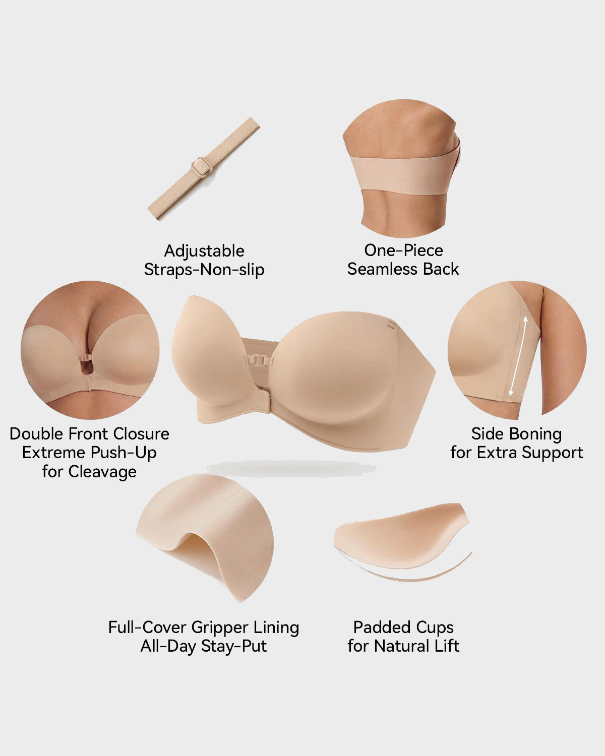 Seamless Front-Closure Detachable Shoulder Strap Push-Up Bra