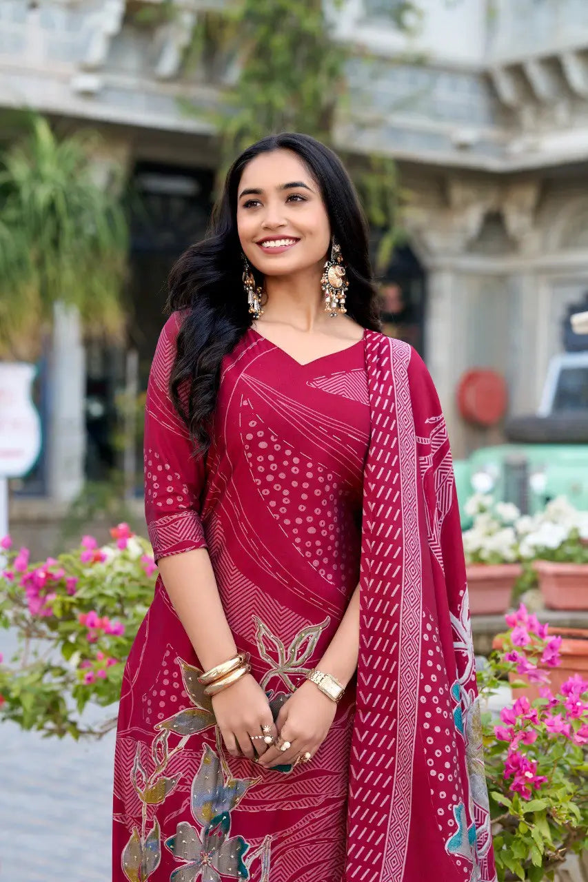 Soft Maroon Floral Print With Beets Handwork Salwar Suit - qivii