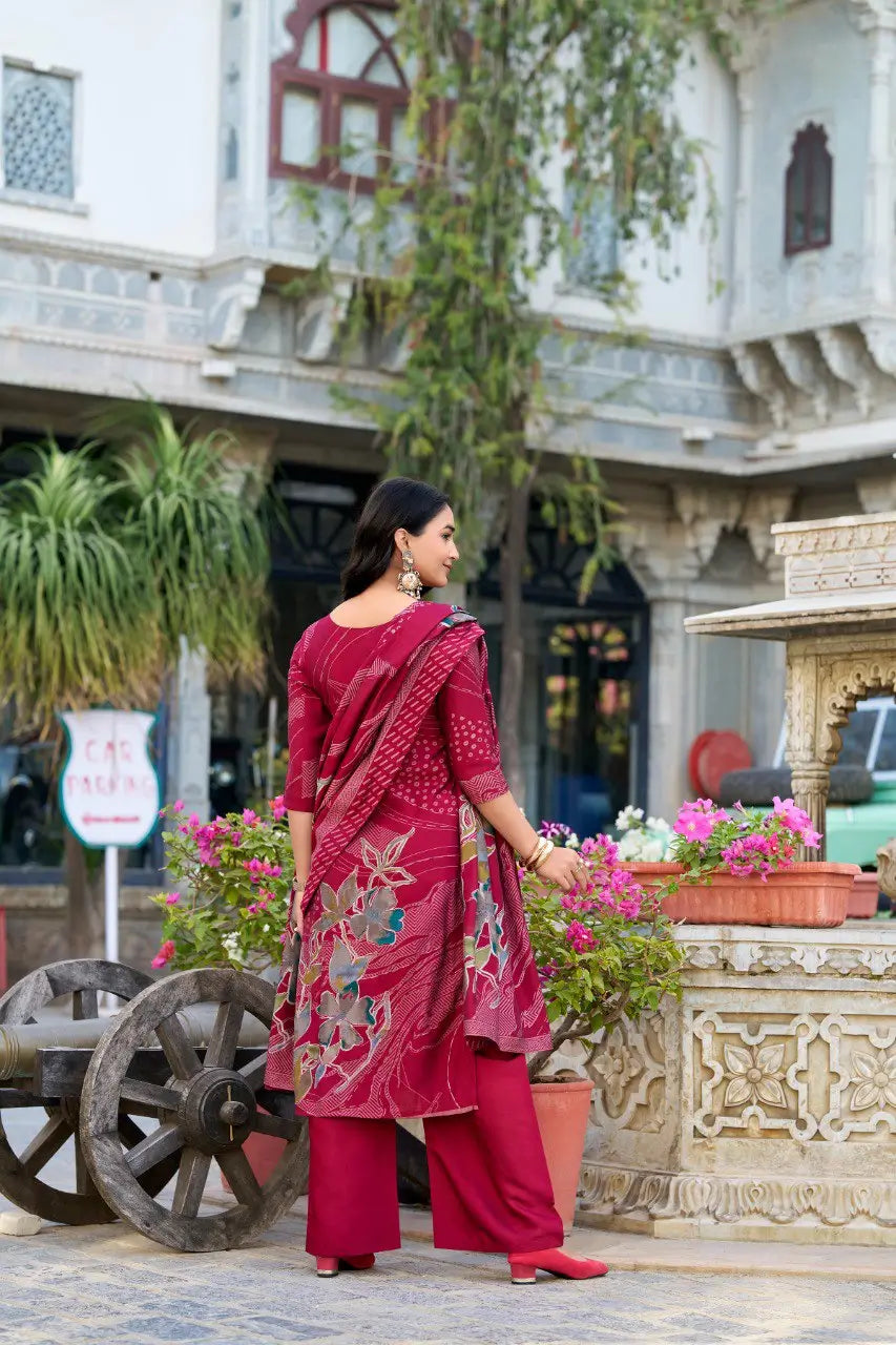 Soft Maroon Floral Print With Beets Handwork Salwar Suit - qivii