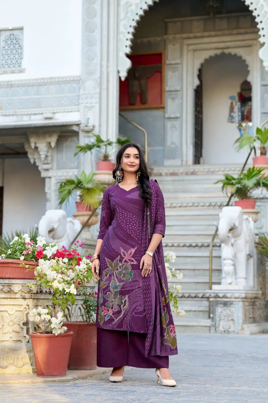 Vibrant Wine Floral Print With Beets Handwork Salwar Suit With Dupatta - qivii