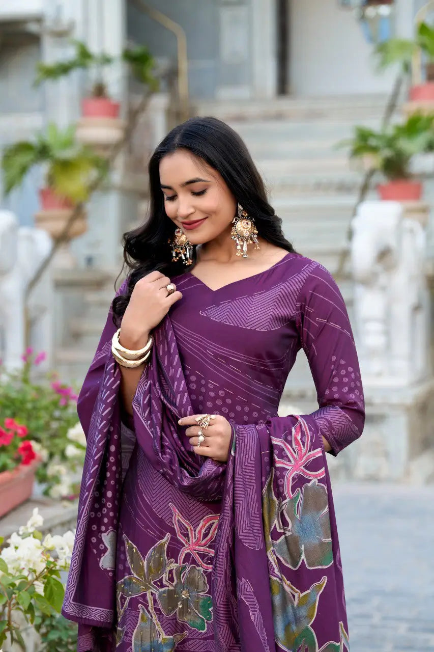 Vibrant Wine Floral Print With Beets Handwork Salwar Suit With Dupatta