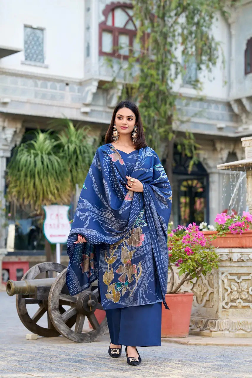 Charming Blue Floral Print With Beets Handwork Salwar Suit - qivii