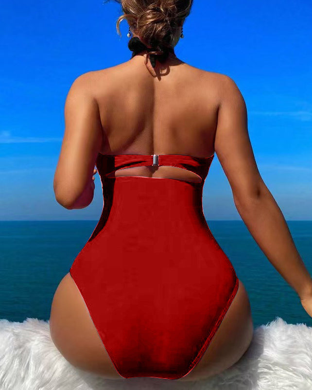 Cross Halter Ruched Front Cutout Backless One Piece Swimsuit - By Qivii
