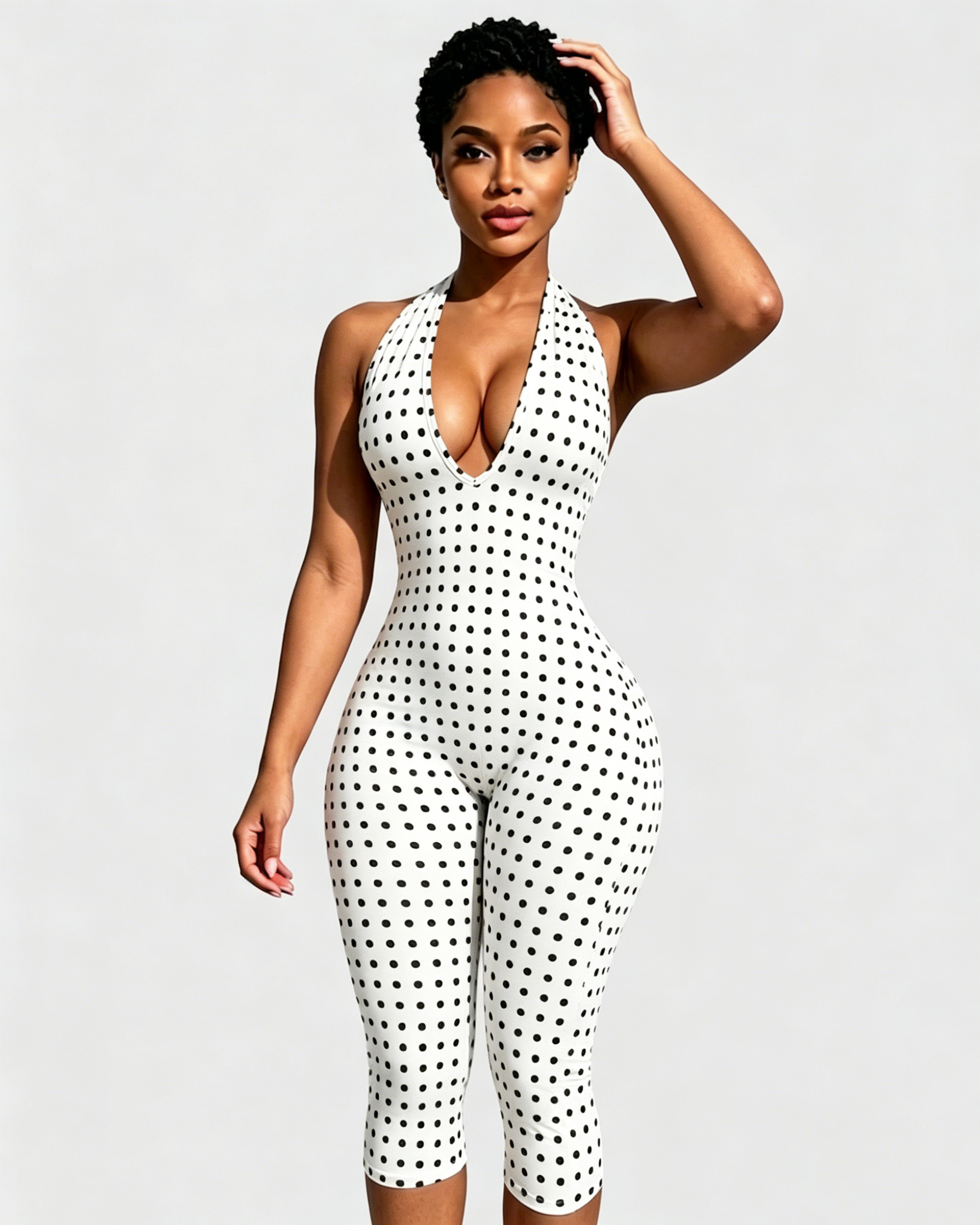 Hourglass Halter V Neck Backless Butt Lifting Capri Jumpsuit In Polk Dot - By Qivii