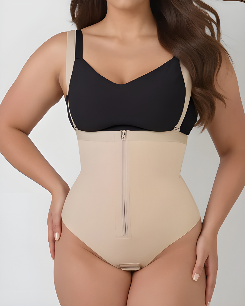 High Waist Front Zipper Thong Invisible Shapewear With Straps