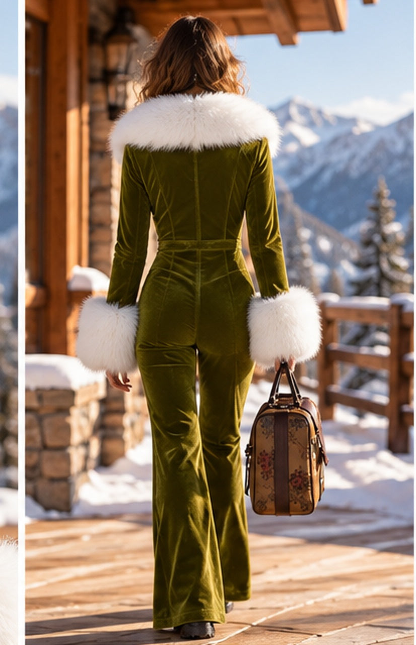 Fashion Retro Rose Red Velvet Faux Fur Collar Long Sleeve Flared Jumpsuit - By Qivii